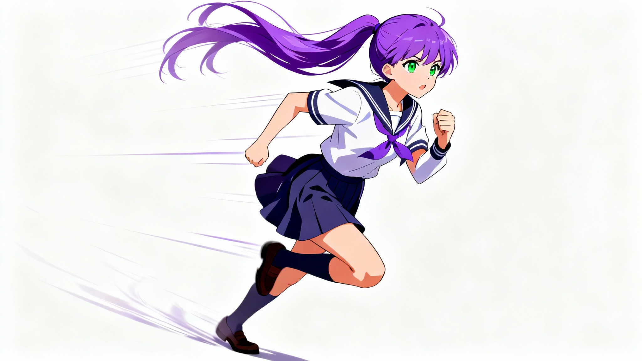 A female anime character with purple hair in a school uniform, captured mid-run against a white background, conveying a sense of speed and determination.