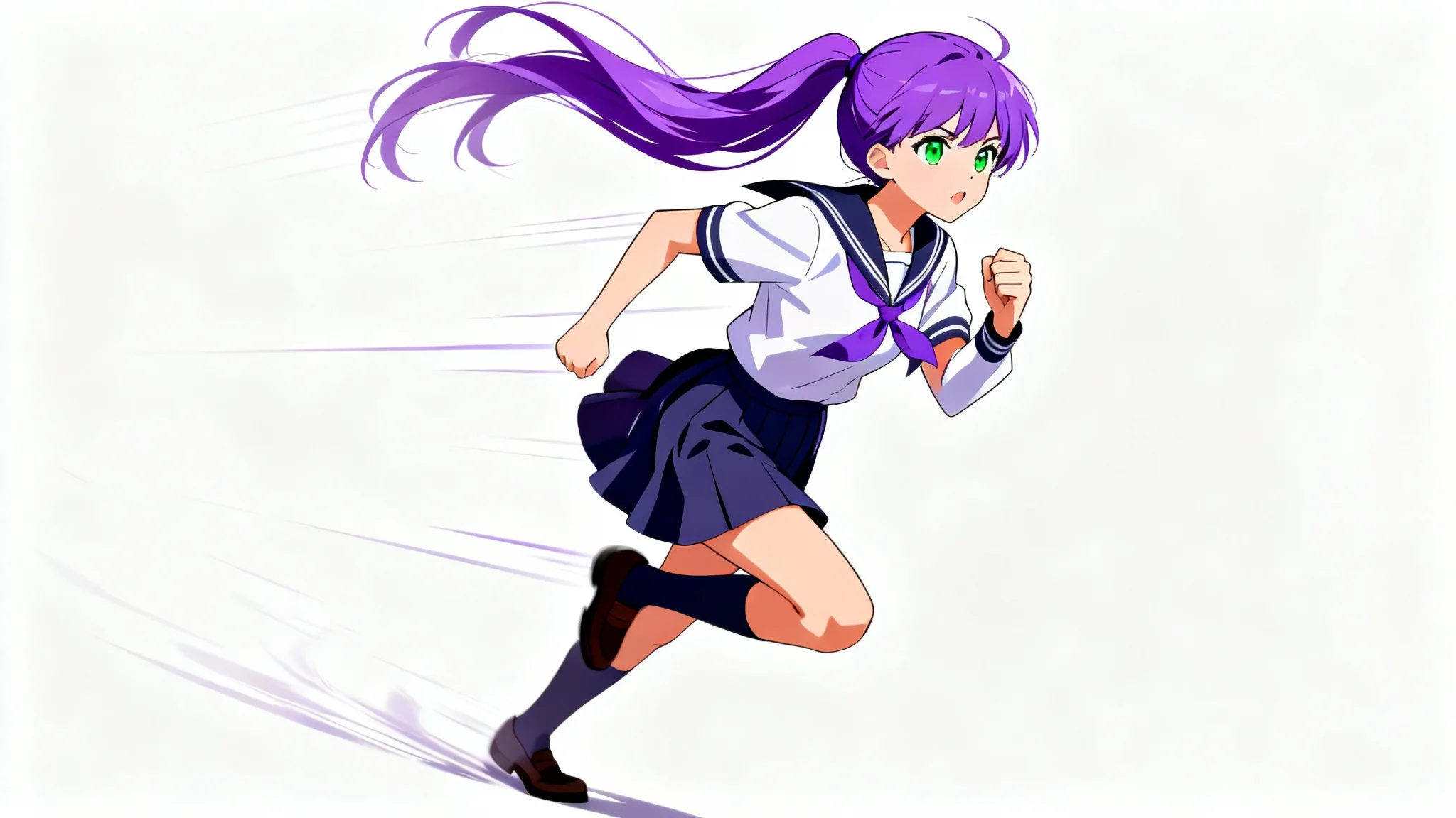 A female anime character with purple hair in a school uniform, captured mid-run against a white background, conveying a sense of speed and determination.