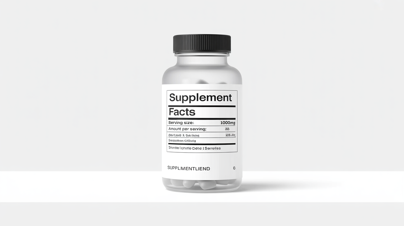 A close-up photograph of a modern supplement bottle, showing the professionally designed supplement facts label on the side.