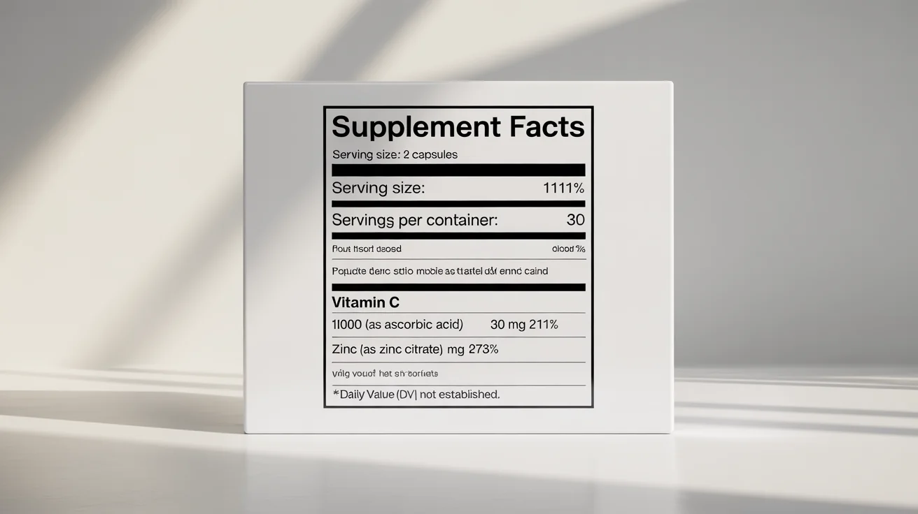 A close-up of a modern, clean supplement facts label mockup showing nutritional information for a fictional product, set against a plain white background.