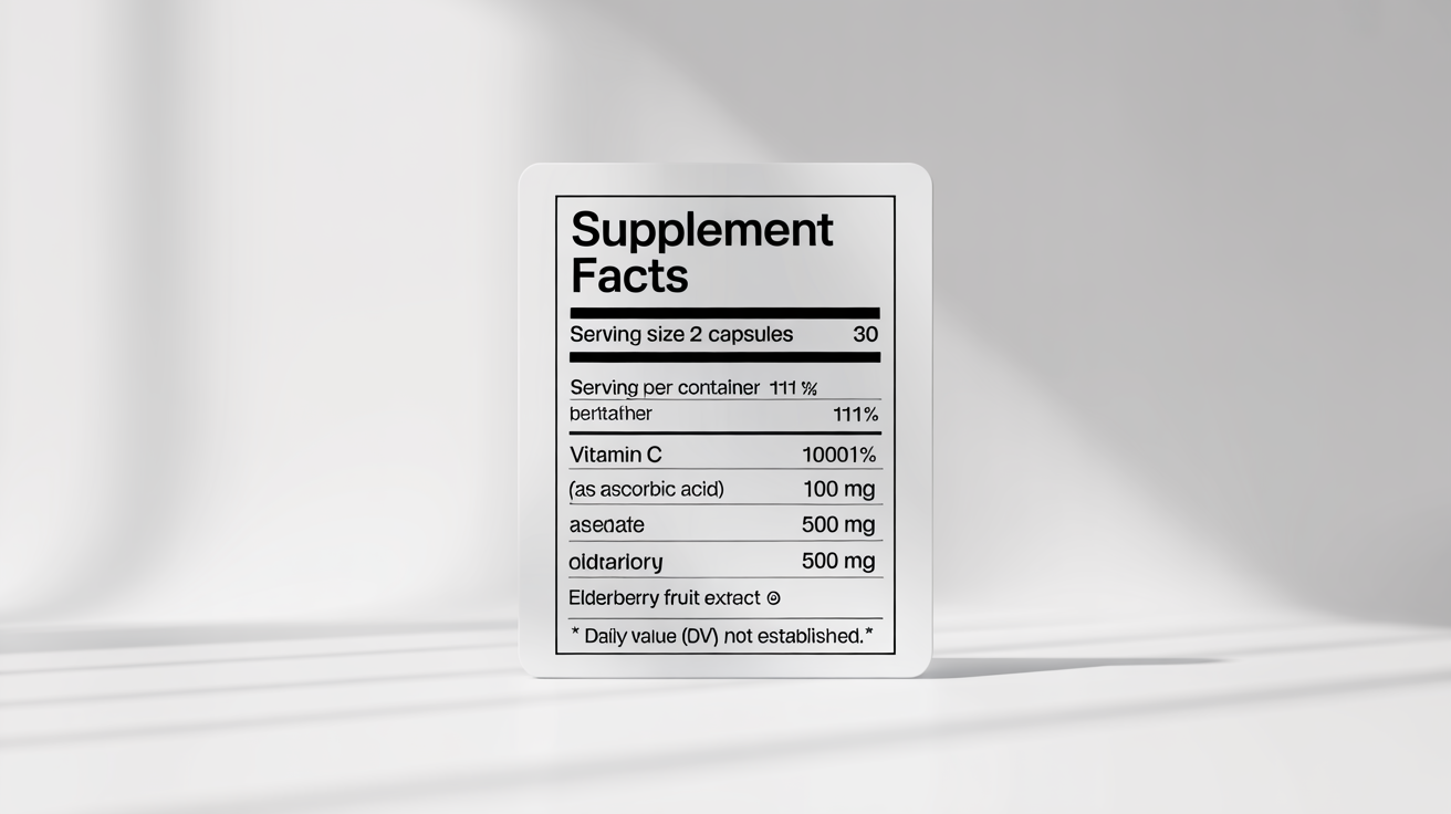 A professional mockup of a supplement facts label for a health product, clearly displaying ingredients and nutritional information like Vitamin C and Zinc against a clean white background.