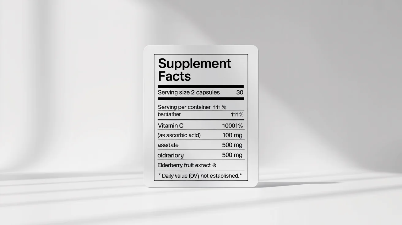 A professional mockup of a supplement facts label for a health product, clearly displaying ingredients and nutritional information like Vitamin C and Zinc against a clean white background.