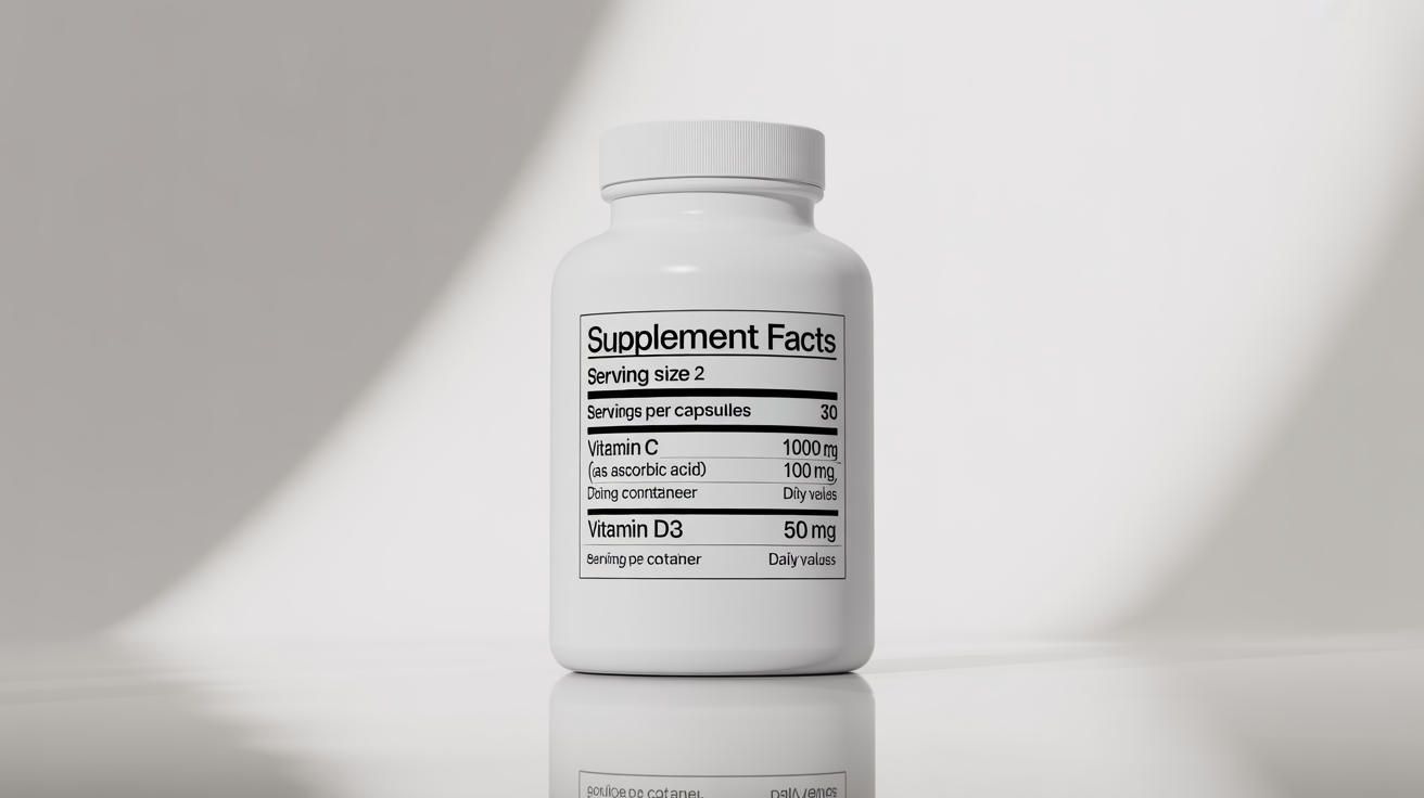 A professional mockup of a supplement facts label on a white bottle, featuring clear, legible text detailing nutritional information like Vitamin C, D3, and Zinc against a clean white background.