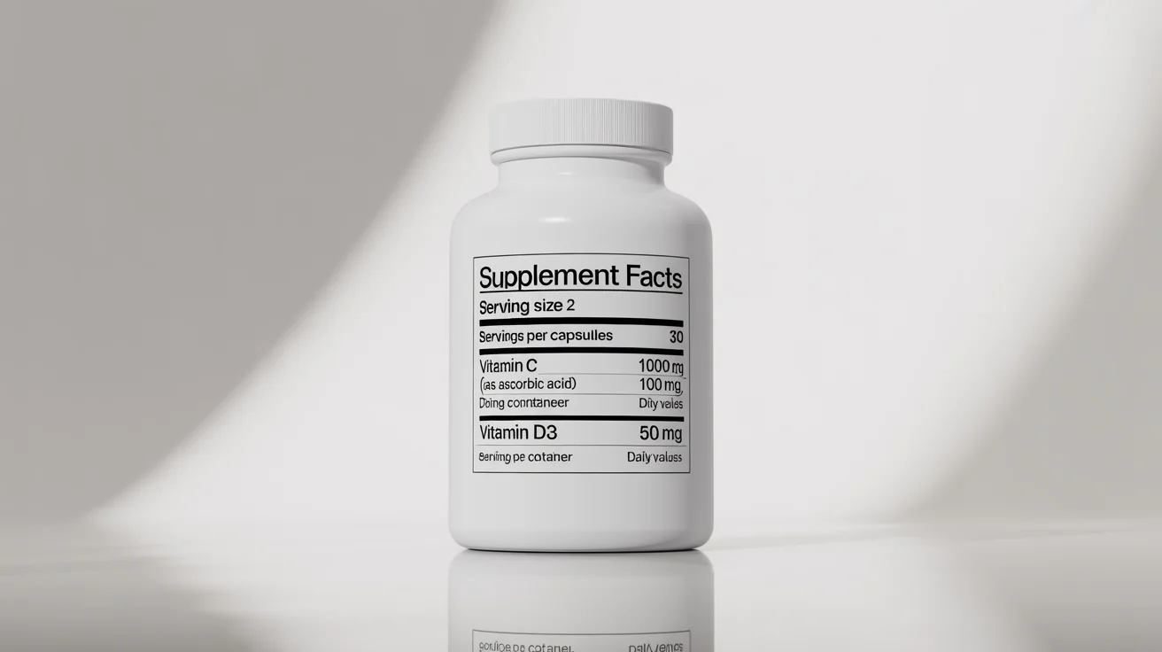 A professional mockup of a supplement facts label on a white bottle, featuring clear, legible text detailing nutritional information like Vitamin C, D3, and Zinc against a clean white background.