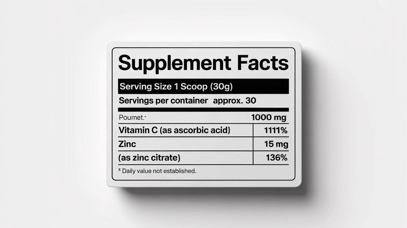 A modern, minimalist design of a supplement facts label for a fictional product, showing nutritional information and ingredient amounts against a clean white background.