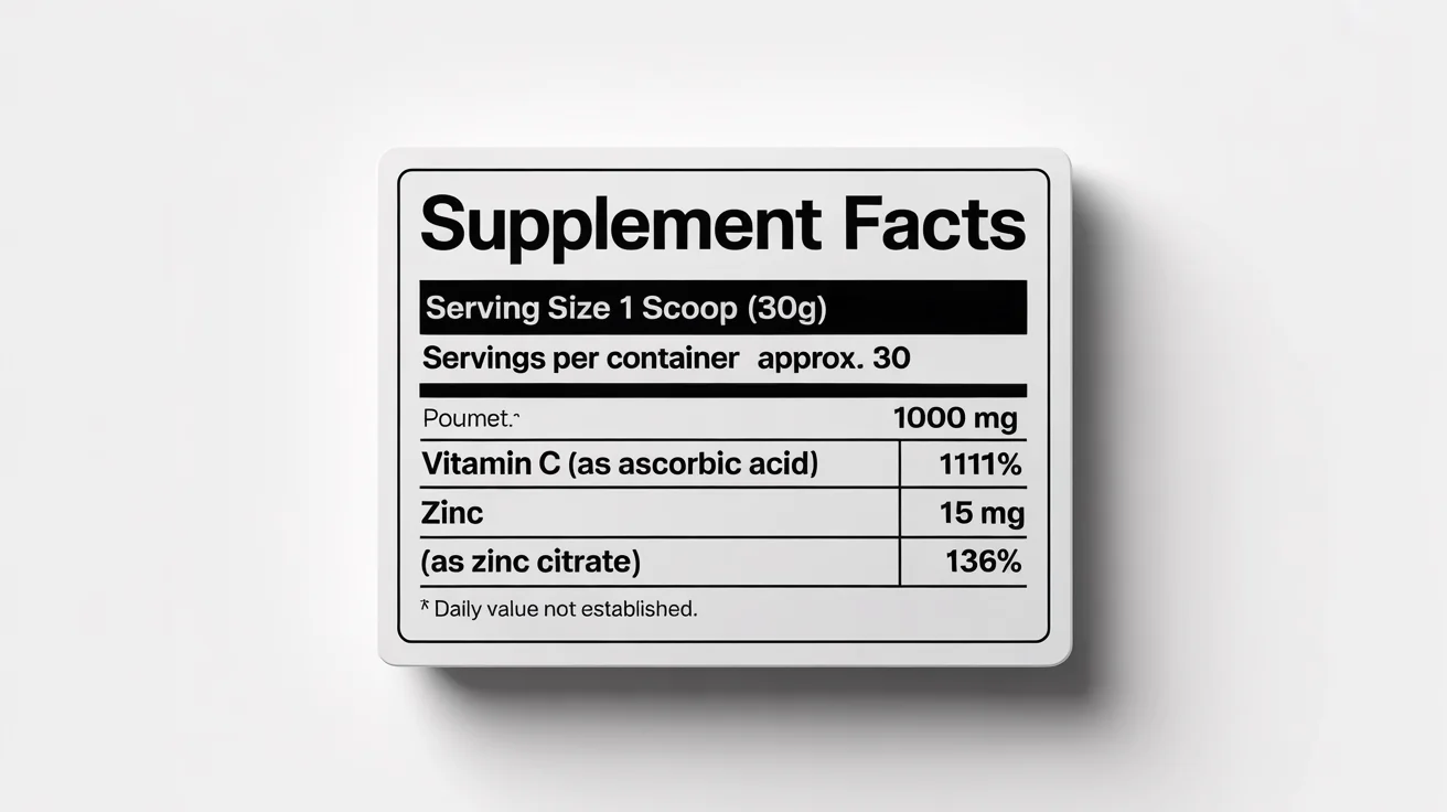 A modern, minimalist design of a supplement facts label for a fictional product, showing nutritional information and ingredient amounts against a clean white background.