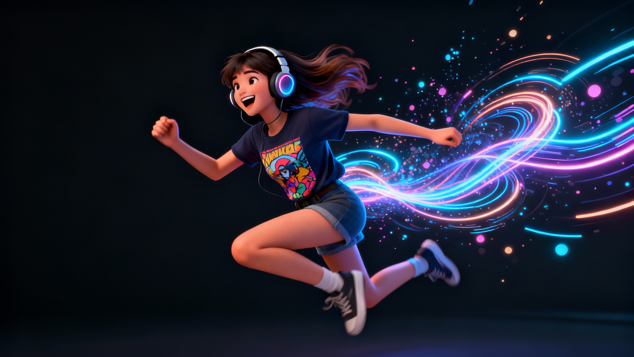 A dynamic 3D animation of a young woman with headphones leaping forward with an excited expression. Glowing light trails and particles swirl around her, creating a sense of fluid motion against a dark background, representing the final output of an AI-generated animation.