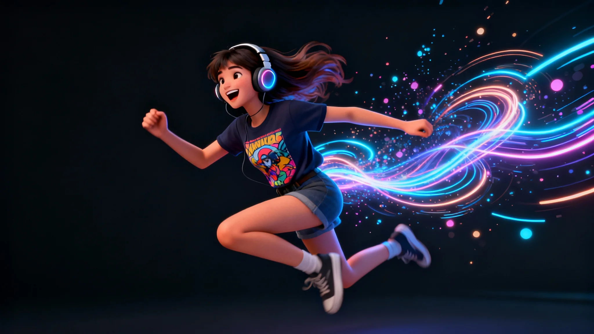 A dynamic 3D animation of a young woman with headphones leaping forward with an excited expression. Glowing light trails and particles swirl around her, creating a sense of fluid motion against a dark background, representing the final output of an AI-generated animation.