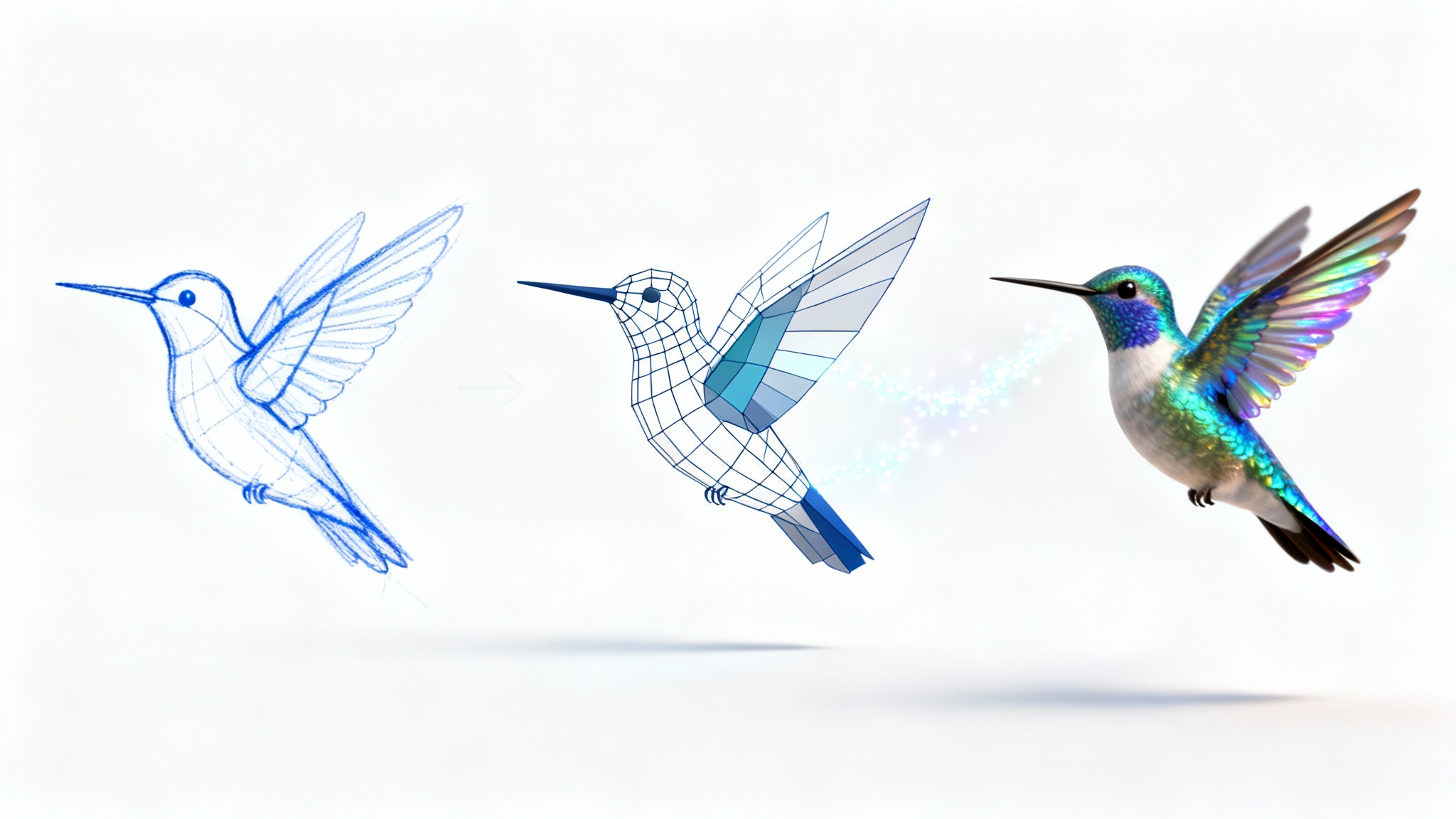 A visual representation of AI animation, showing a hummingbird's evolution from a 2D sketch, through a 3D wireframe, to a final photorealistic render, against a clean white background.
