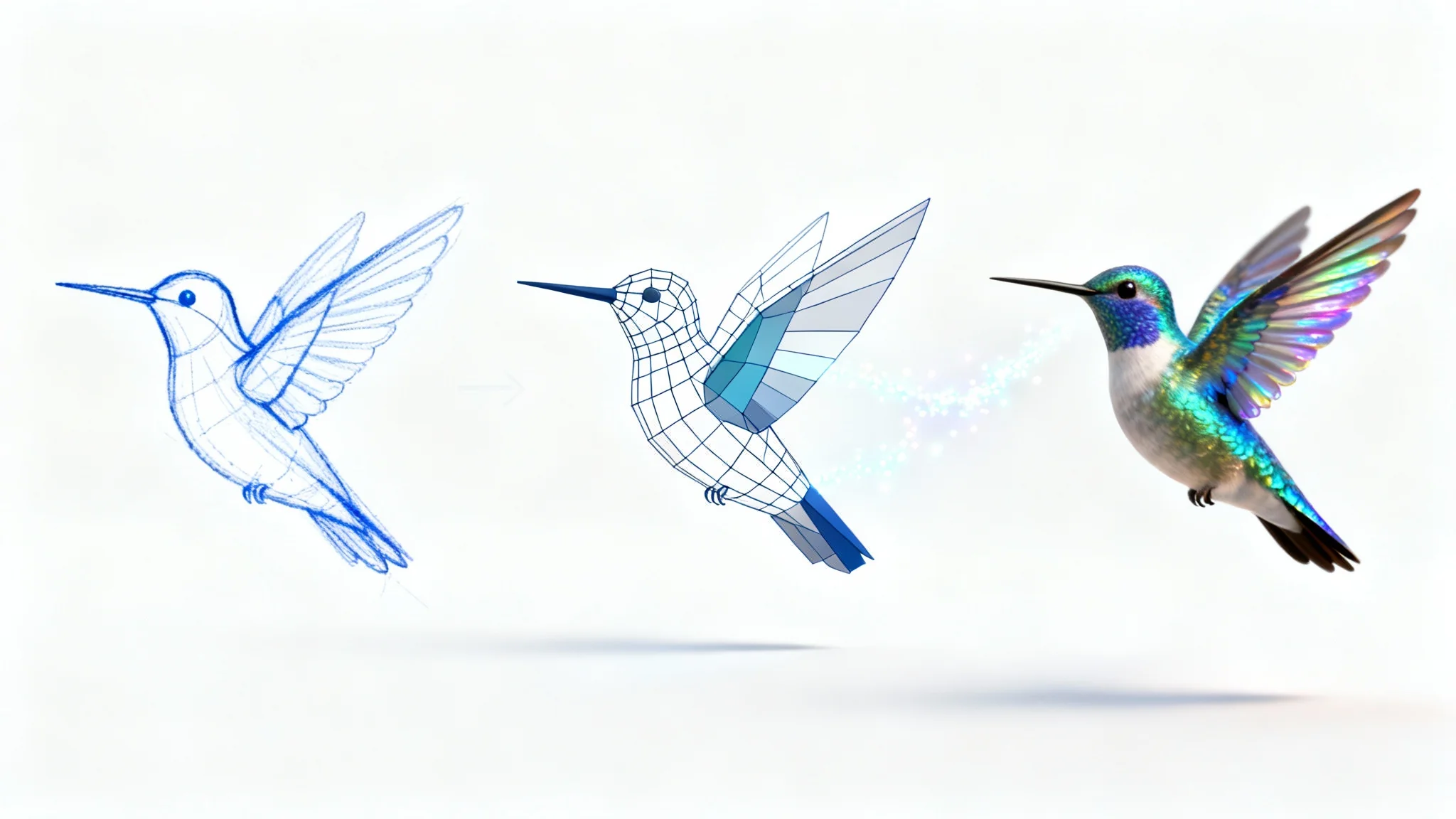 A visual representation of AI animation, showing a hummingbird's evolution from a 2D sketch, through a 3D wireframe, to a final photorealistic render, against a clean white background.