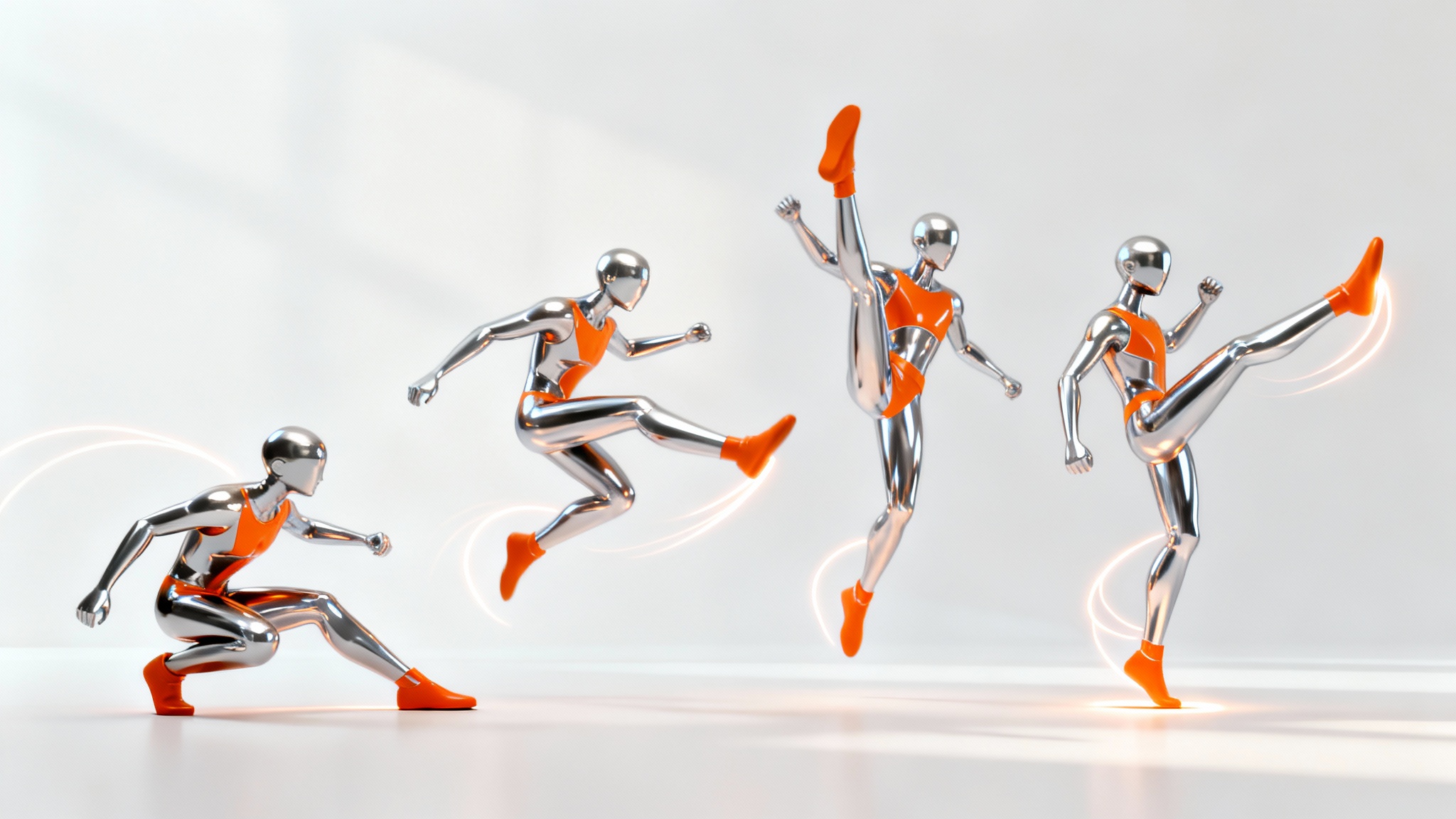 A 3D render showing four sequential poses of a futuristic character performing a jump-kick, demonstrating AI animation on a white background.