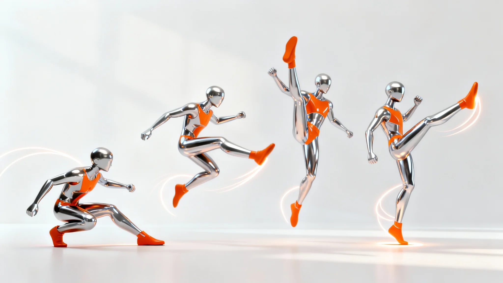 A 3D render showing four sequential poses of a futuristic character performing a jump-kick, demonstrating AI animation on a white background.