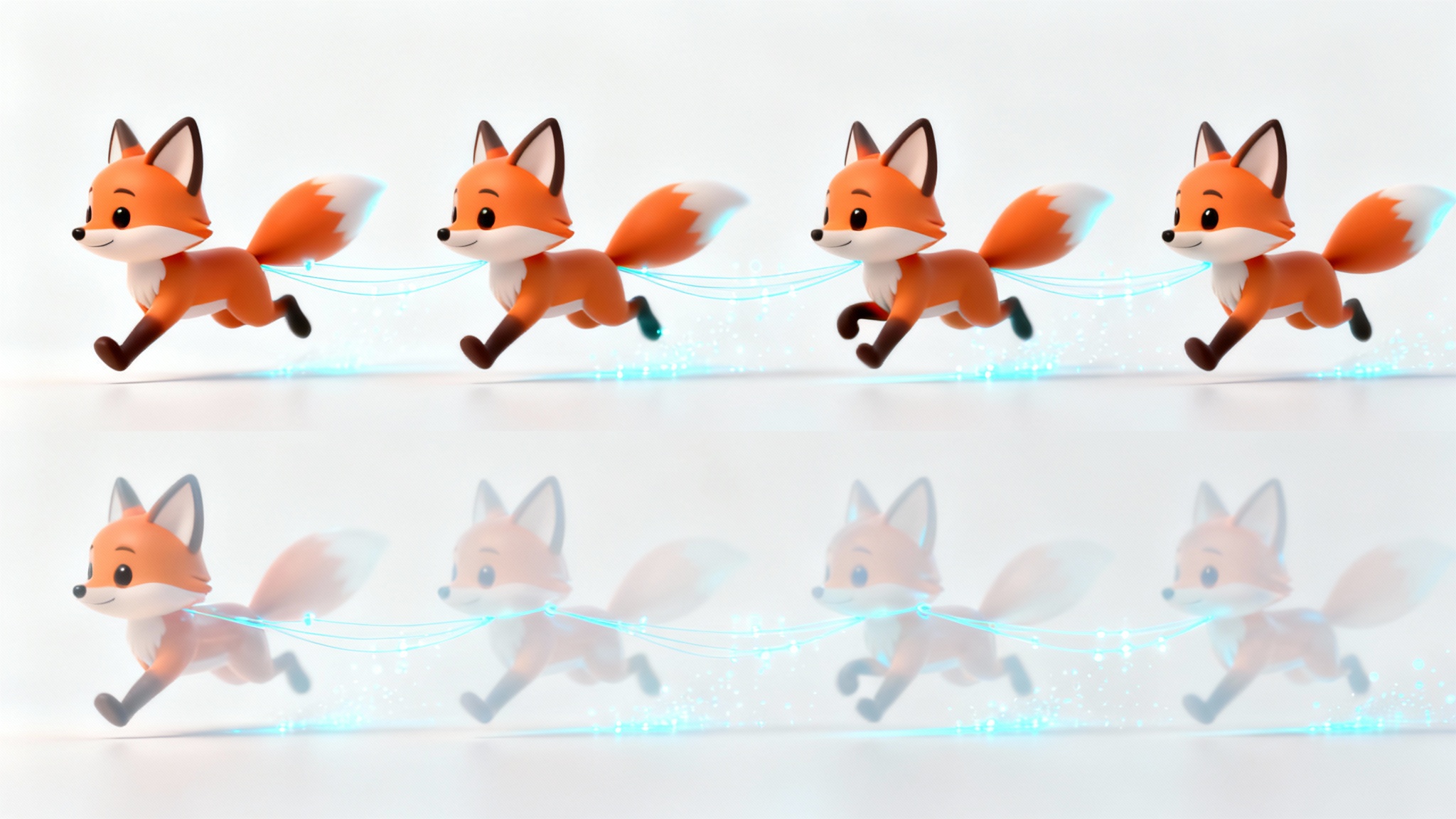 A sequence of four animation frames showing a stylized 3D cartoon fox running, connected by glowing digital lines to represent the concept of AI animation.