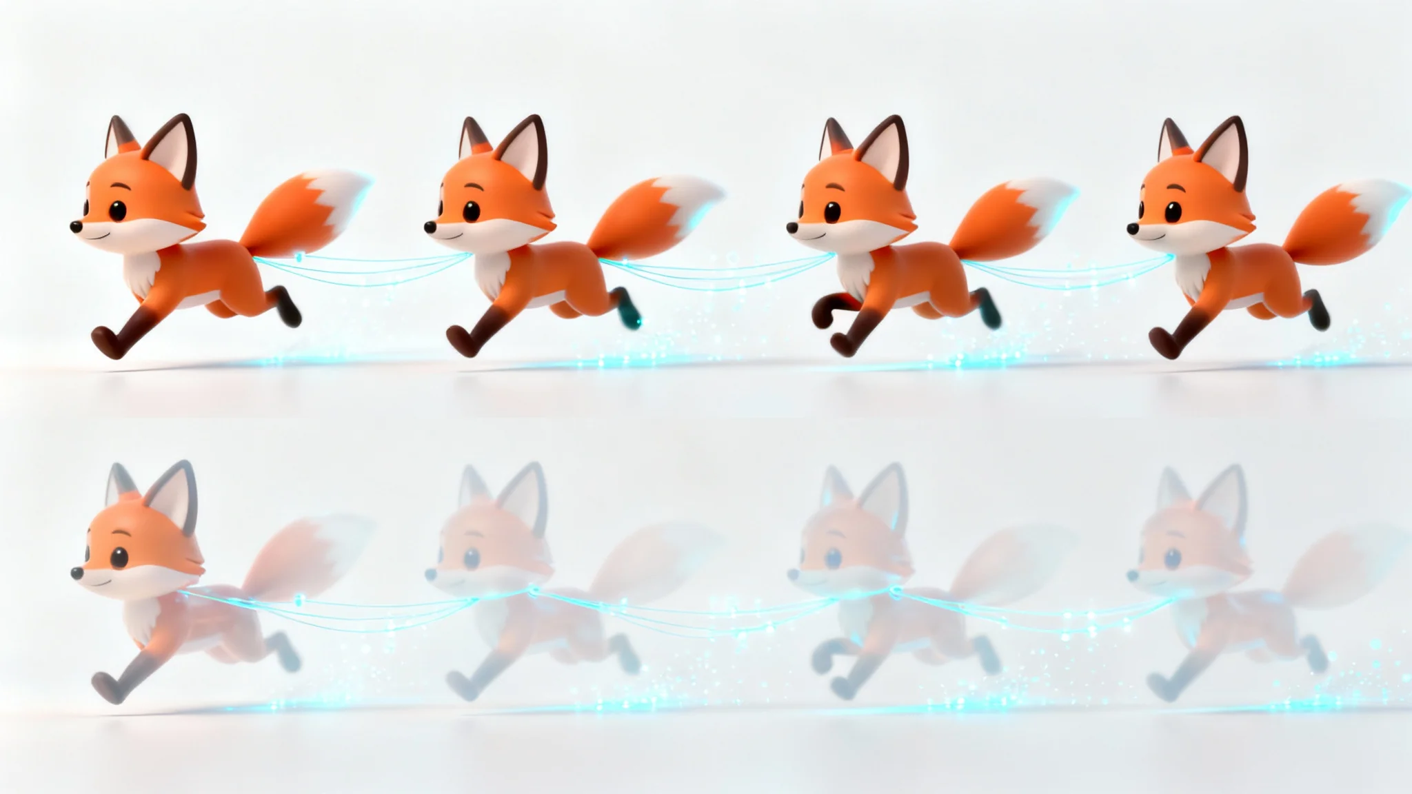 A sequence of four animation frames showing a stylized 3D cartoon fox running, connected by glowing digital lines to represent the concept of AI animation.