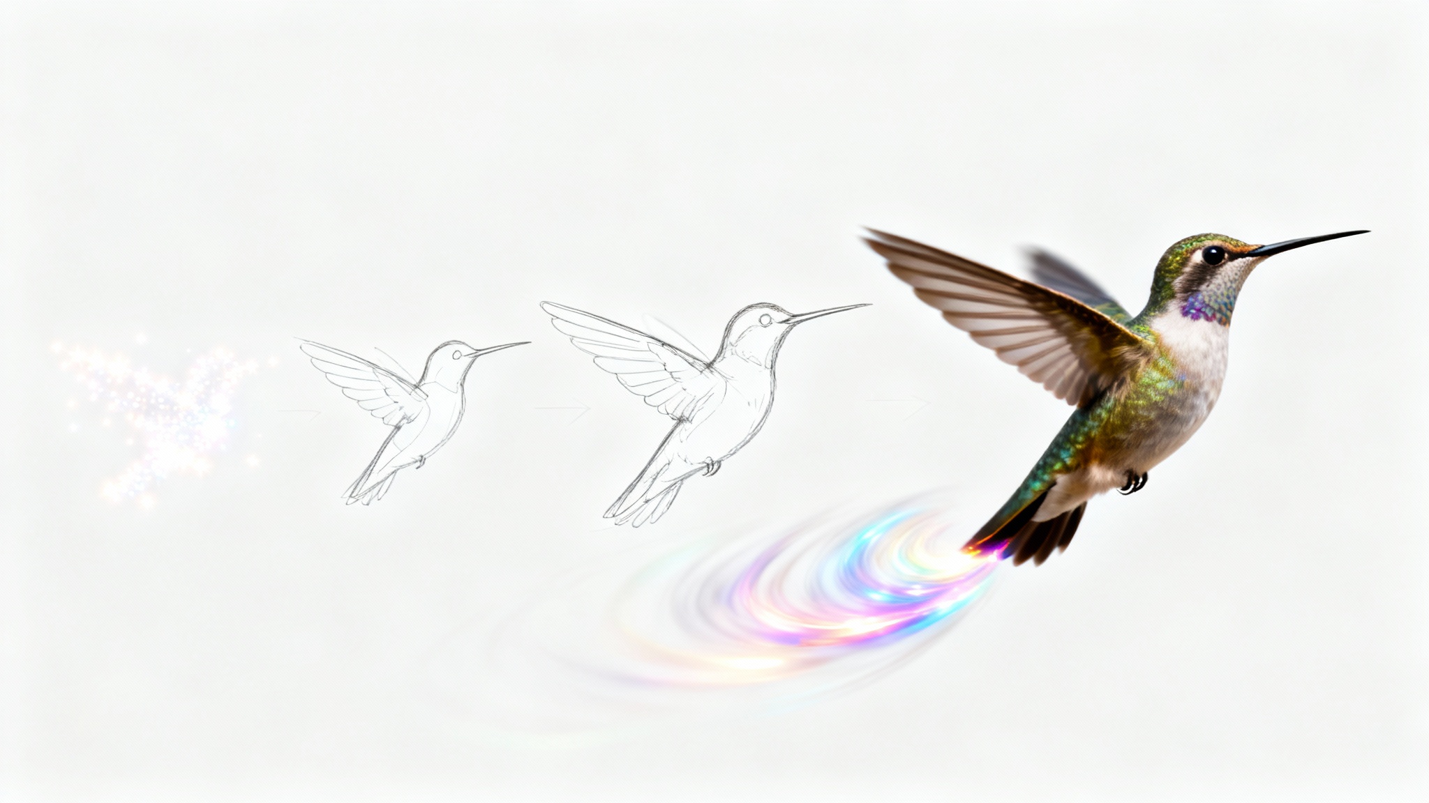 An illustration of AI animation showing the progression of a hummingbird from a simple light sketch on the left to a photorealistic, animated bird on the right, all against a clean white background.