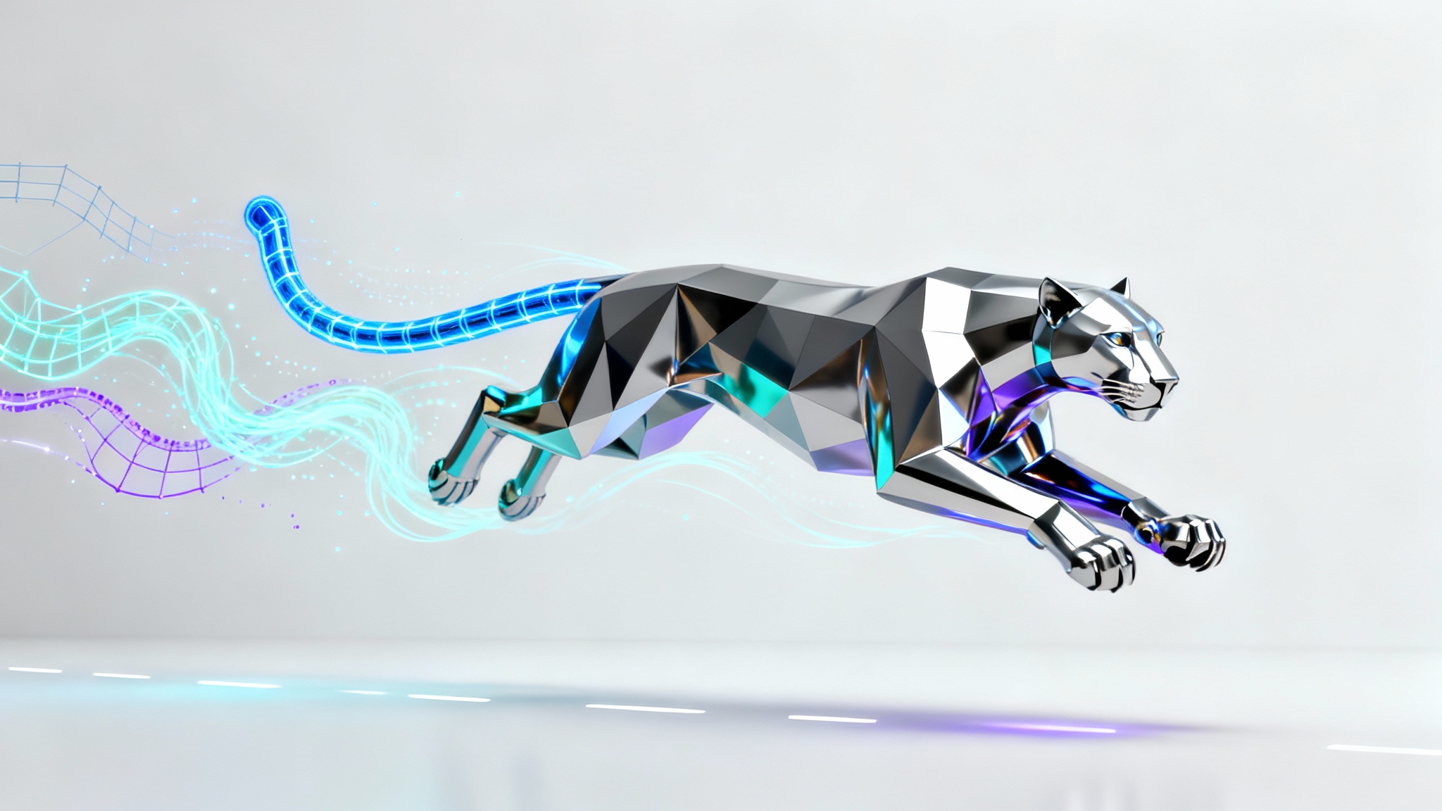 An illustration of AI animation featuring a stylized chrome panther leaping against a white background, its body showing the progression from wireframe sketch to a fully rendered model.