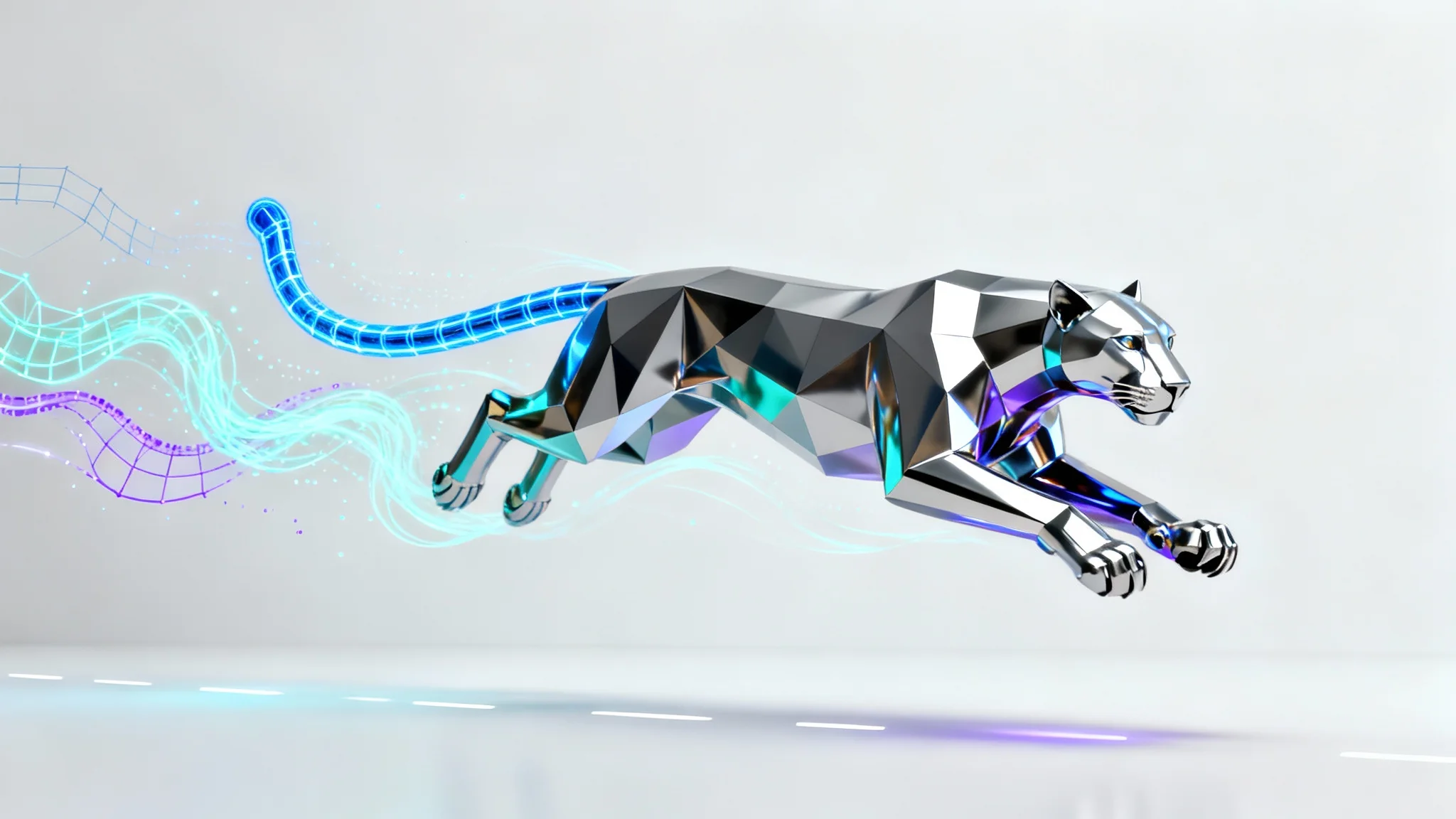 An illustration of AI animation featuring a stylized chrome panther leaping against a white background, its body showing the progression from wireframe sketch to a fully rendered model.