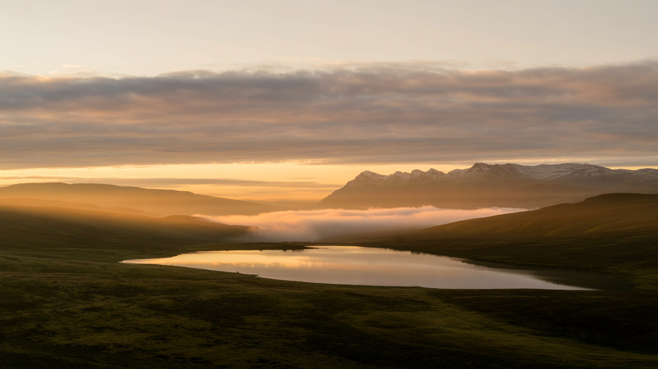 A polished 16:9 sermon background showing a vibrant sunrise over a misty mountain lake, with the text 'Hope on the Horizon' elegantly placed in the sky.