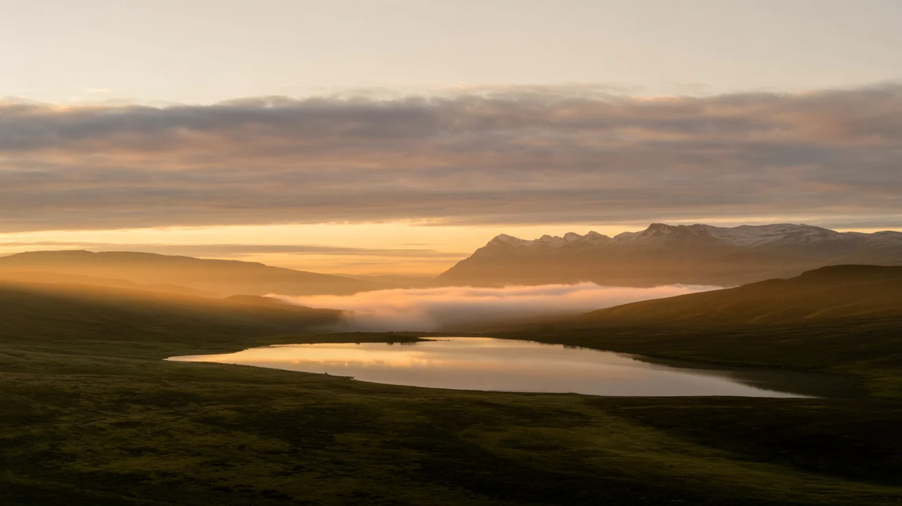 A polished 16:9 sermon background showing a vibrant sunrise over a misty mountain lake, with the text 'Hope on the Horizon' elegantly placed in the sky.