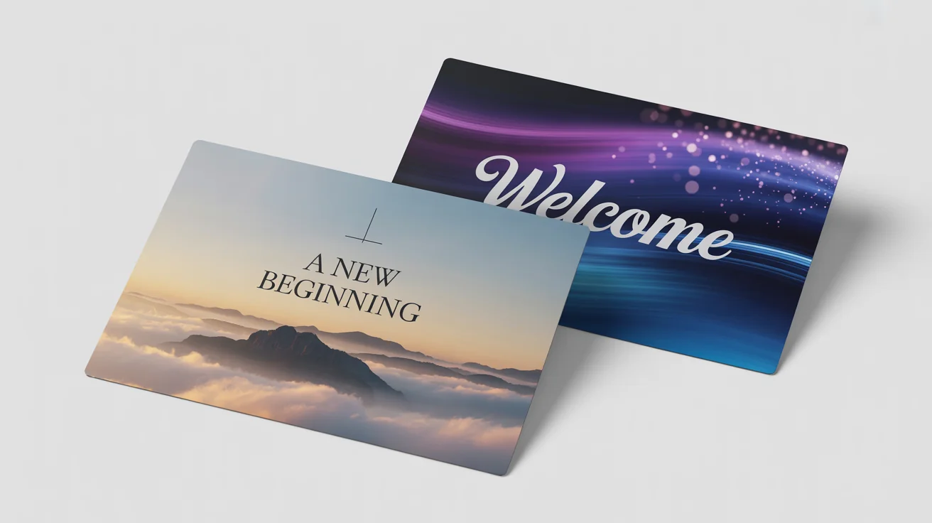 A mockup of three different modern sermon background designs on a white background. One shows a mountain sunrise with the text 'A New Beginning', another is an abstract blue design with 'Welcome', and the third is a minimalist dove design with 'Peace Be With You'.
