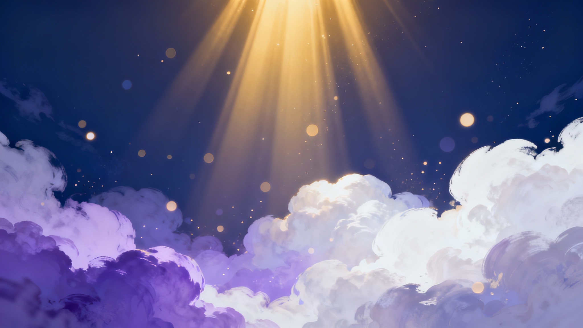A serene digital sermon background featuring abstract purple and blue clouds with golden light rays shining down from above, creating a hopeful and divine mood.