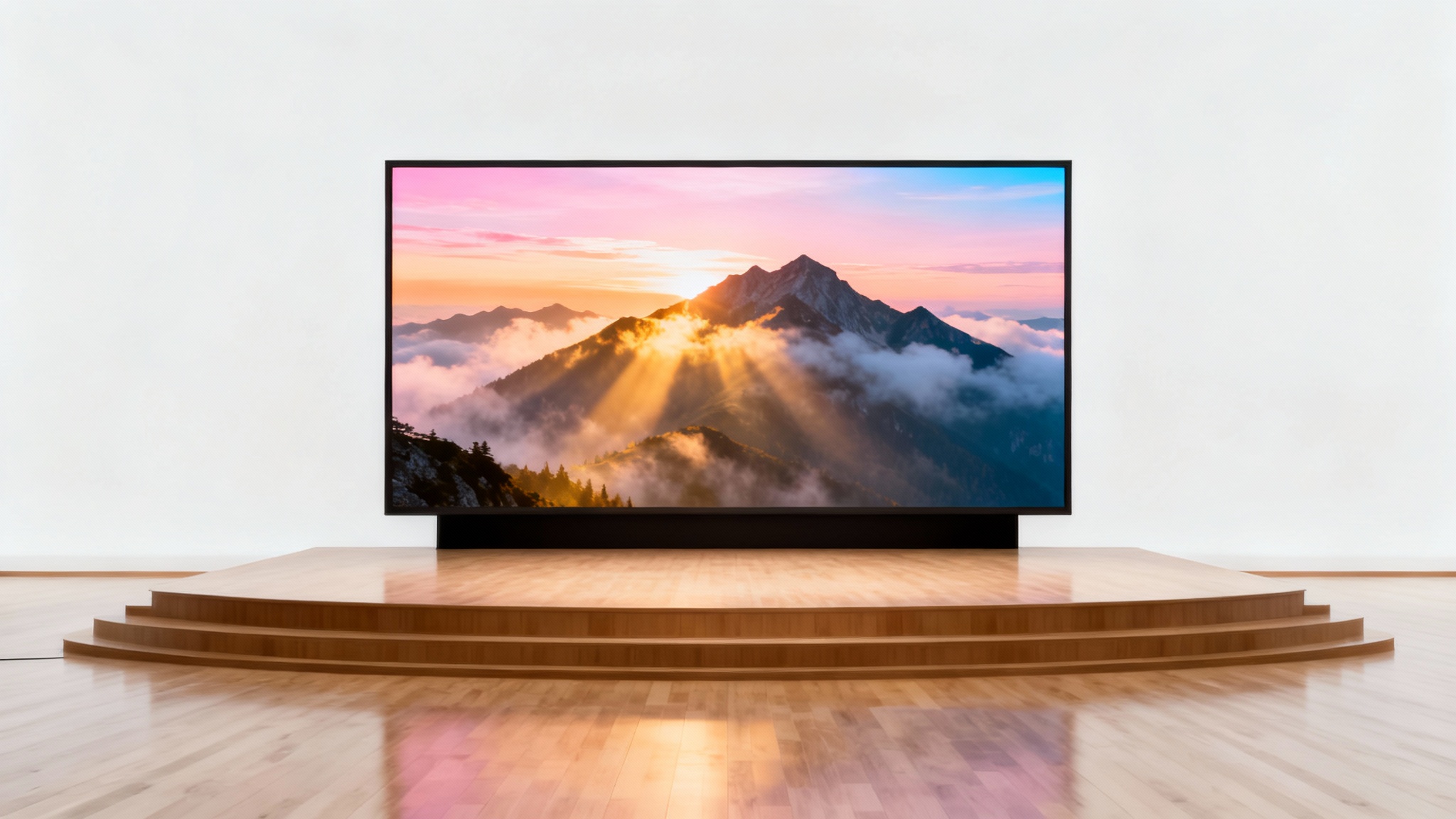 A mockup of a large screen on a stage displaying a beautiful sermon background of a mountain sunrise, set against a plain white background.