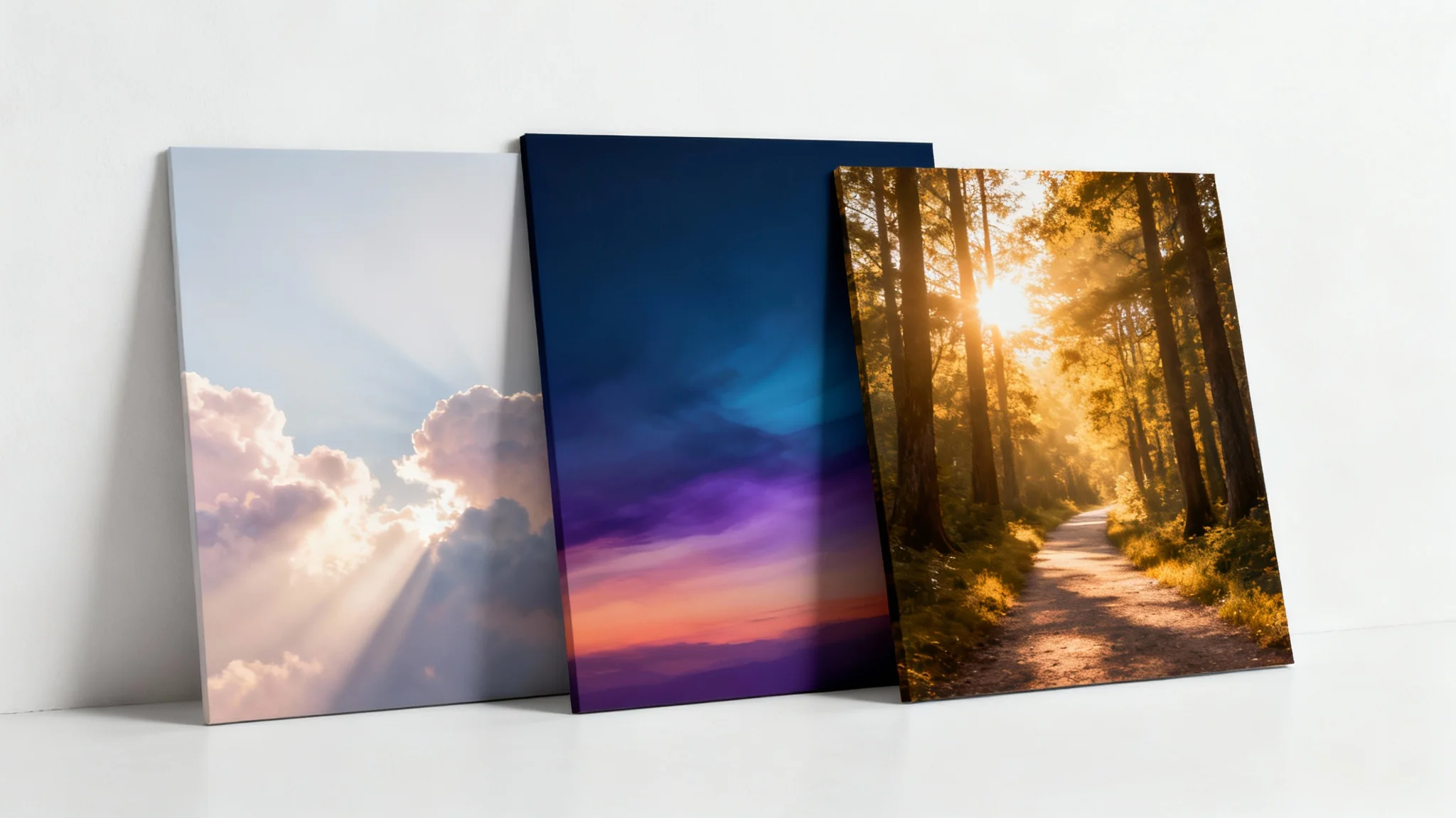 A mockup of three different sermon backgrounds displayed in a clean, modern setting. The backgrounds include one with heavenly light rays, one with a calm color gradient, and one with a sunlit forest path.