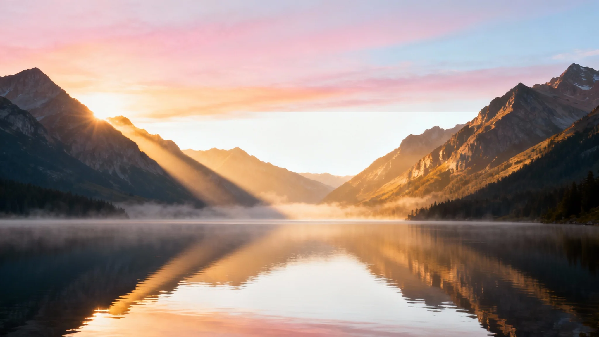 A mockup of a sermon background showing a majestic mountain valley at sunrise, with sunbeams breaking through the mist and reflecting in a calm lake, presented on a white background.