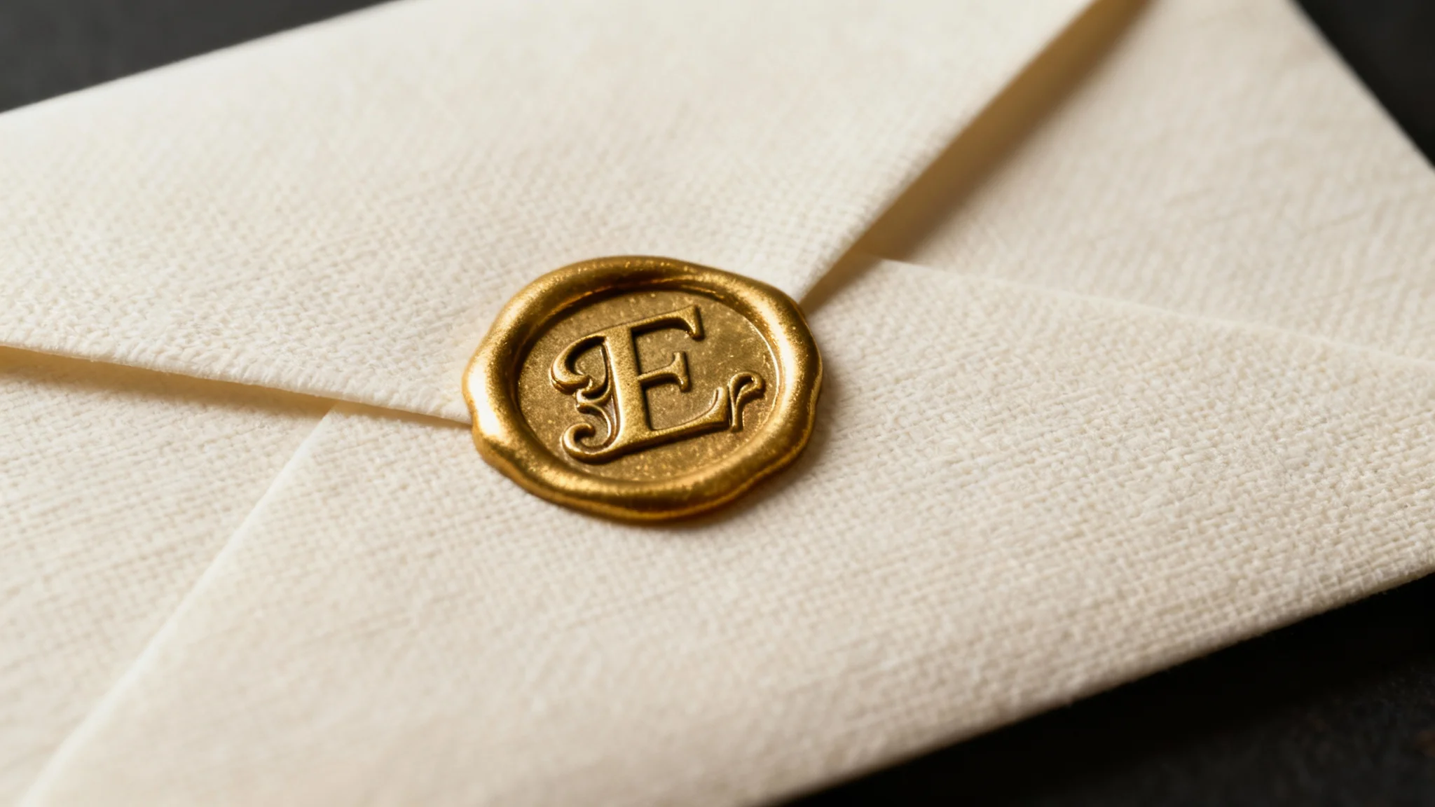 A close-up, photorealistic image of a circular, metallic gold wax seal on a cream-colored envelope, featuring an elegantly embossed letter 'E'.