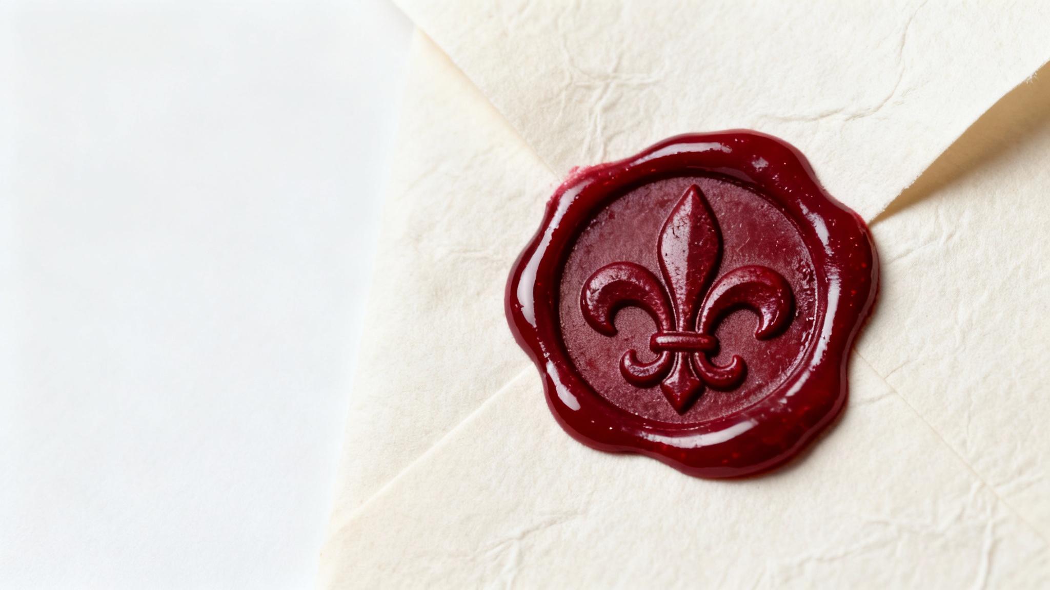 An elegant, close-up image of a deep red wax seal with a fleur-de-lis impression, pressed onto textured cream paper against a clean white background.