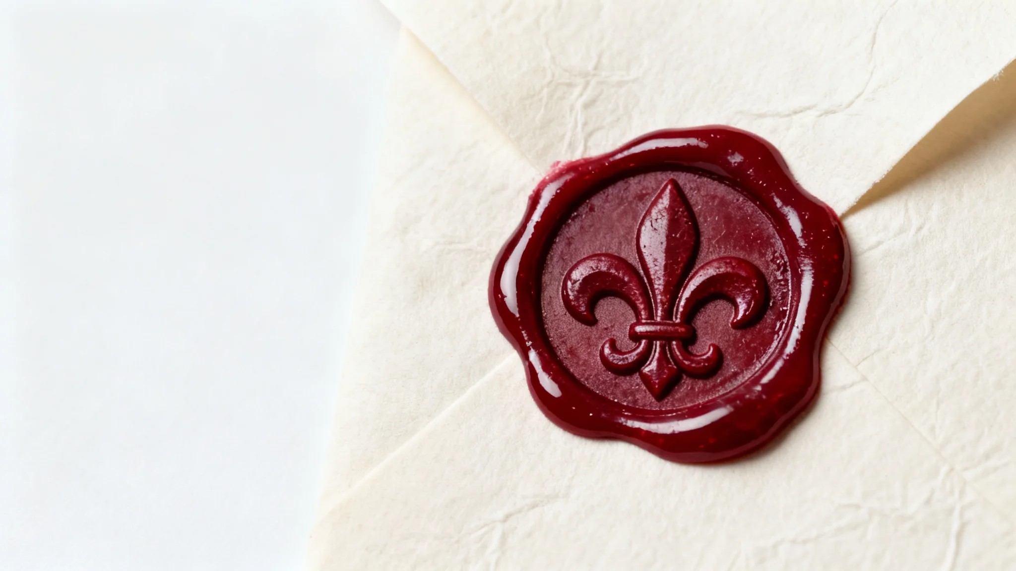 An elegant, close-up image of a deep red wax seal with a fleur-de-lis impression, pressed onto textured cream paper against a clean white background.