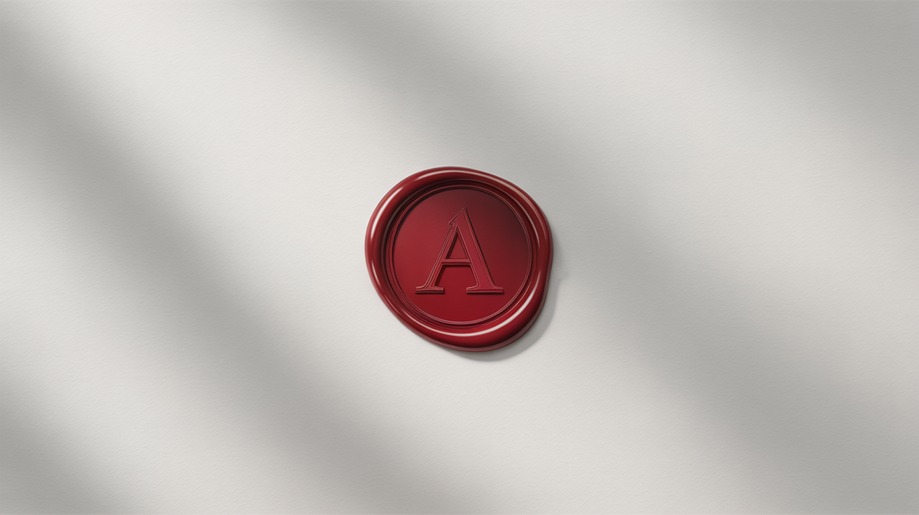 A close-up of a classic crimson red wax seal stamped with the letter 'A', on a white background.