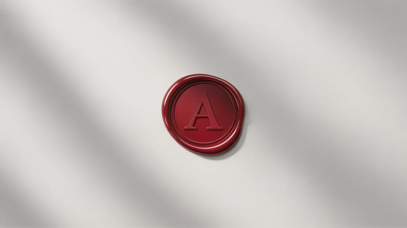 A close-up of a classic crimson red wax seal stamped with the letter 'A', on a white background.