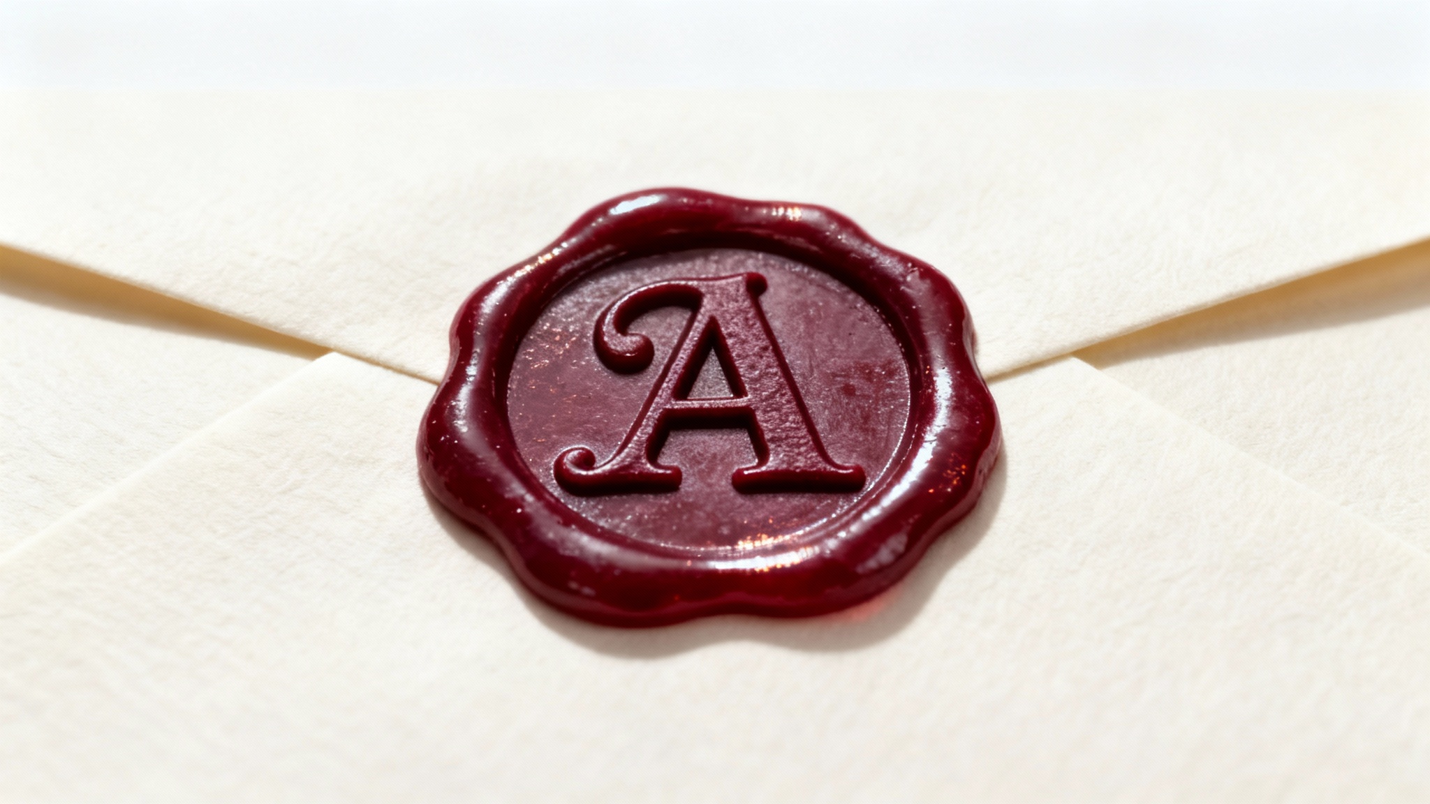 A close-up studio photograph of a single, perfect burgundy wax seal with the letter 'A' stamped on it, affixed to a cream-colored envelope against a plain white background.
