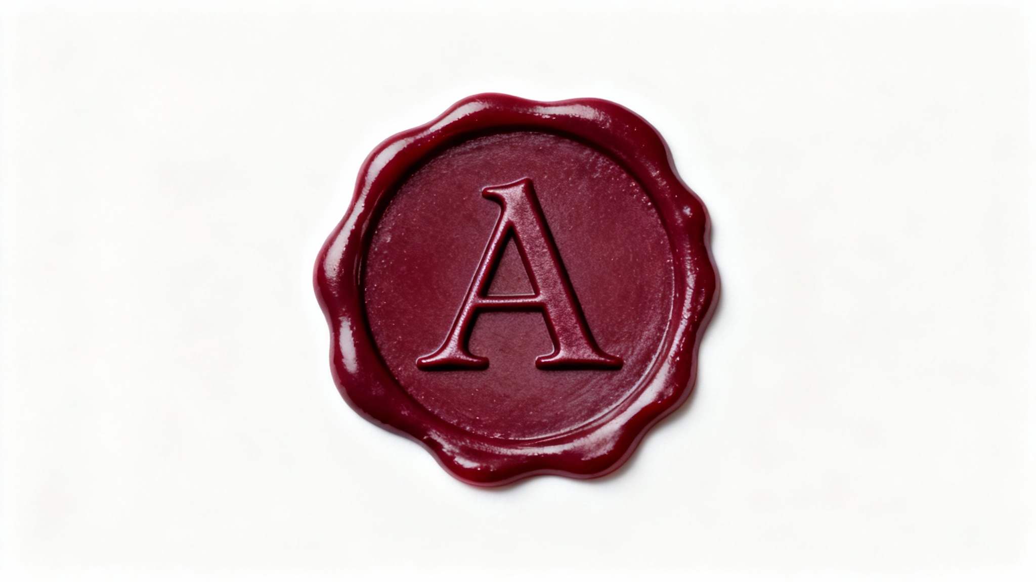 A hyper-realistic mockup of a deep burgundy wax seal with the letter 'A' elegantly impressed in the center, shown against a plain white background.