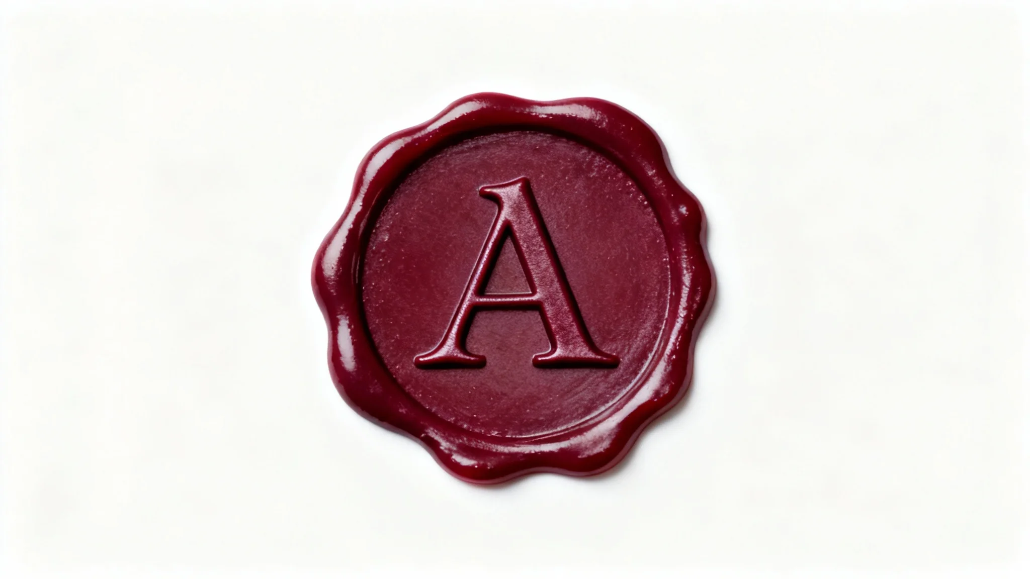 A hyper-realistic mockup of a deep burgundy wax seal with the letter 'A' elegantly impressed in the center, shown against a plain white background.