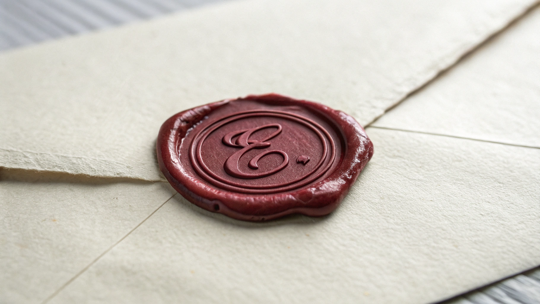 A hyper-realistic close-up of a deep burgundy wax seal with the letter 'E' embossed on it, stamped onto the corner of a textured cream envelope, against a clean white background.
