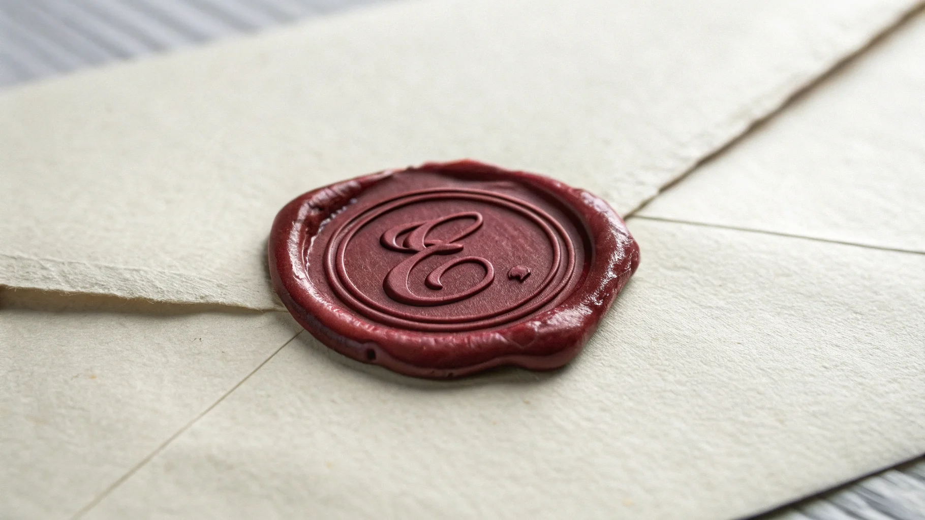 A hyper-realistic close-up of a deep burgundy wax seal with the letter 'E' embossed on it, stamped onto the corner of a textured cream envelope, against a clean white background.