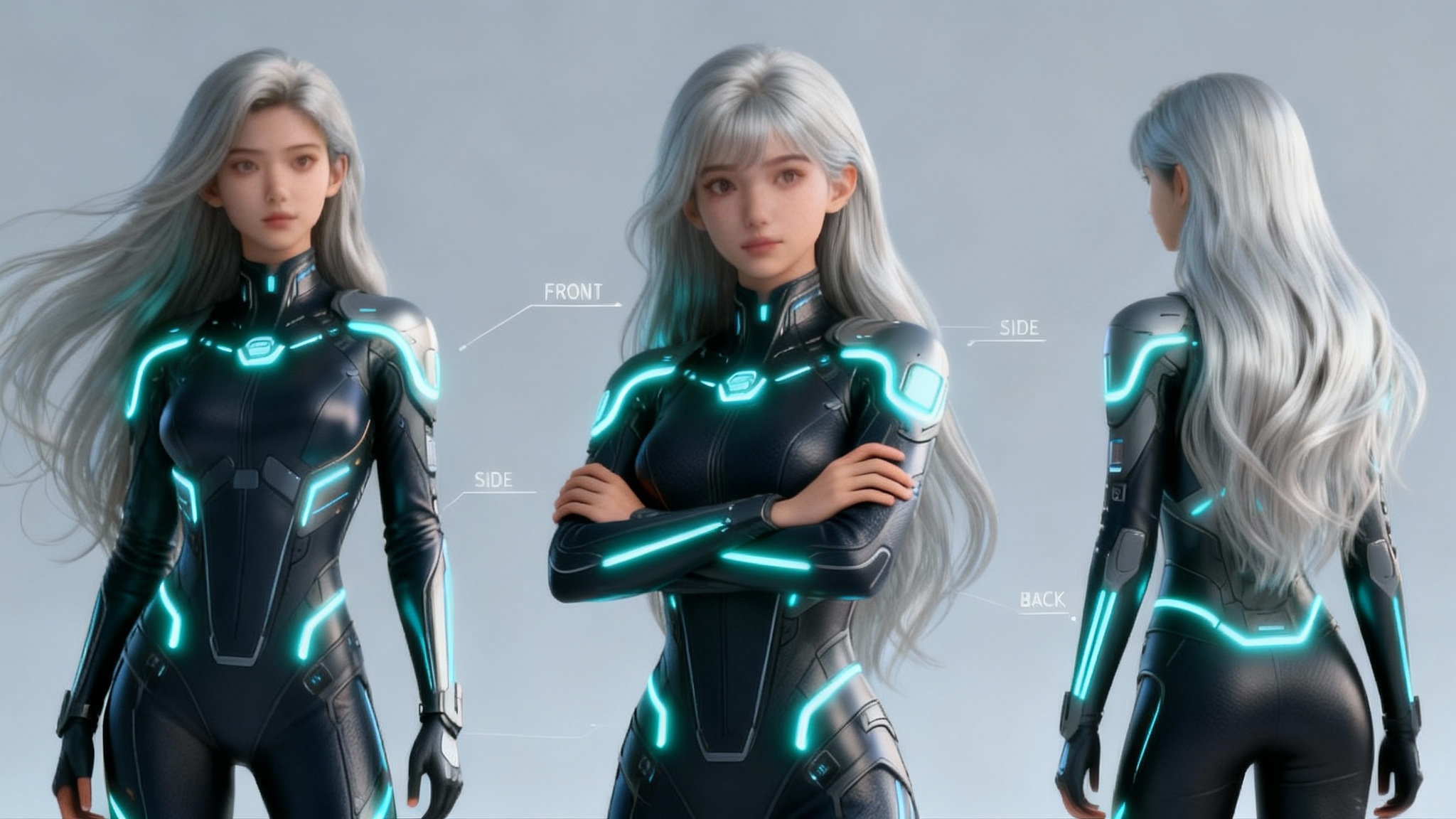 A professional character turnaround sheet for a stylized 3D female character in a futuristic bodysuit, showing the front, side, and back views with annotations on a clean background.