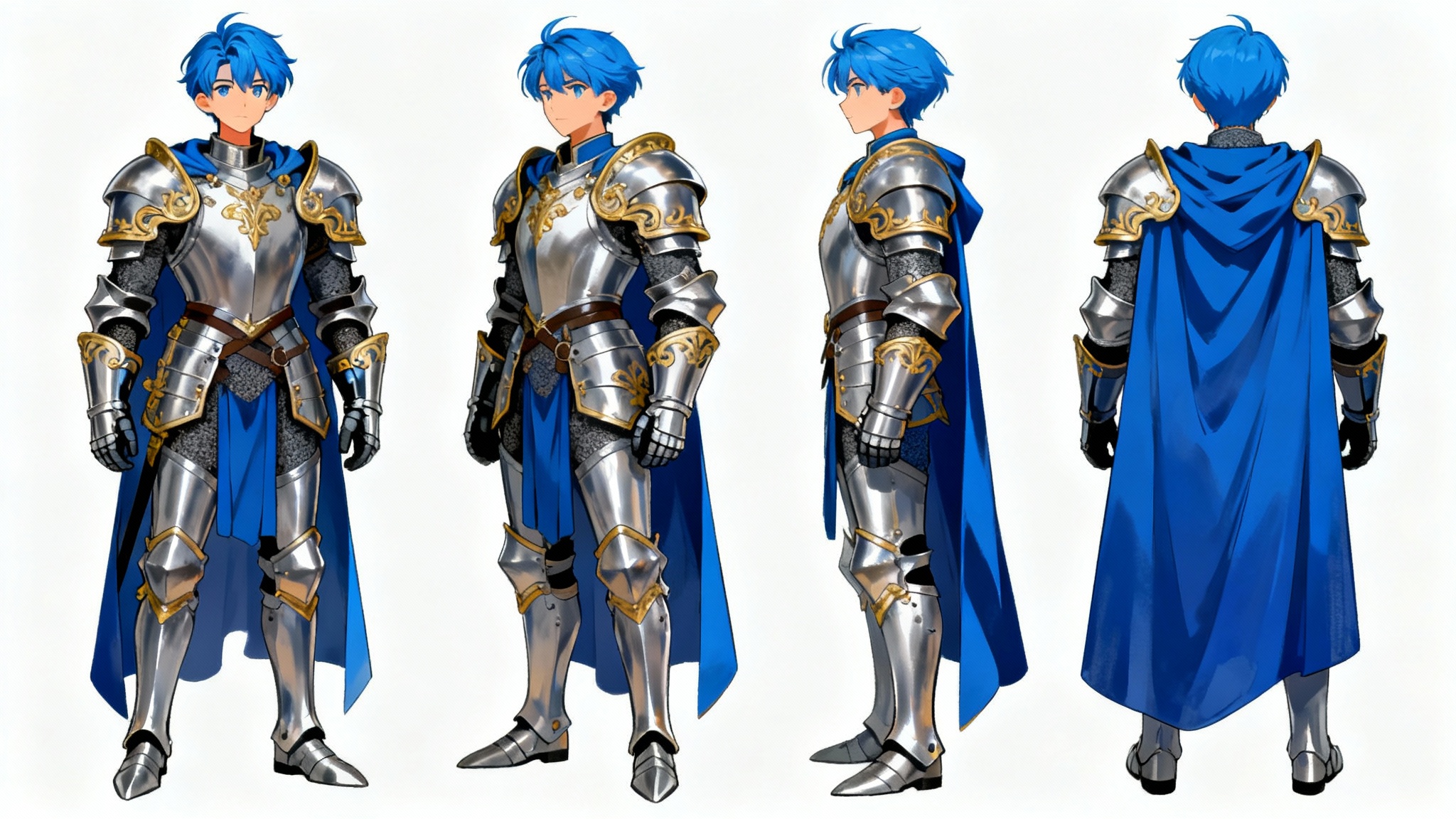 A professional concept art character turnaround sheet showing a fantasy knight with blue hair and silver armor from the front, side, and back against a white background.
