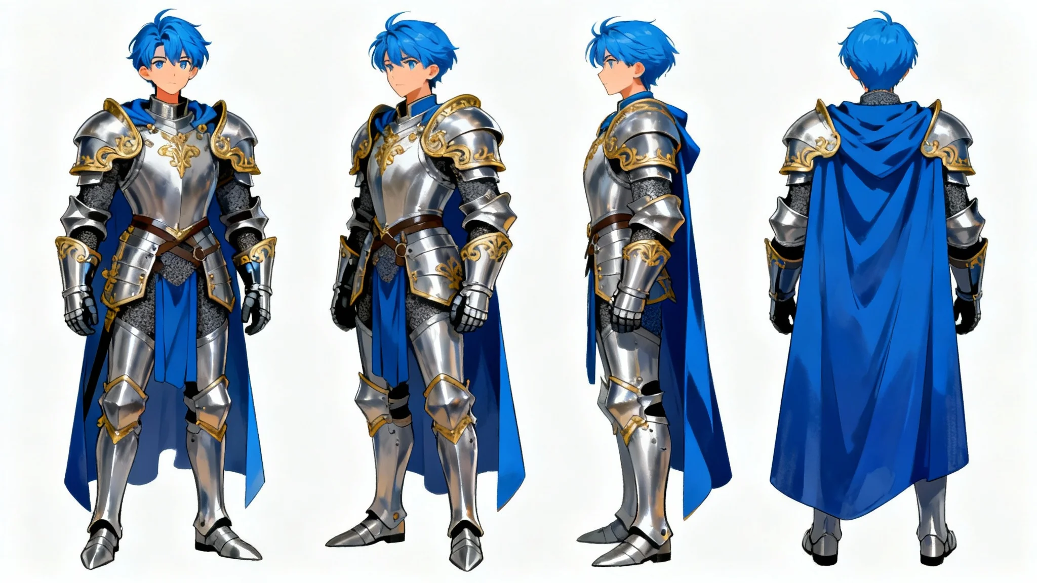 A professional concept art character turnaround sheet showing a fantasy knight with blue hair and silver armor from the front, side, and back against a white background.