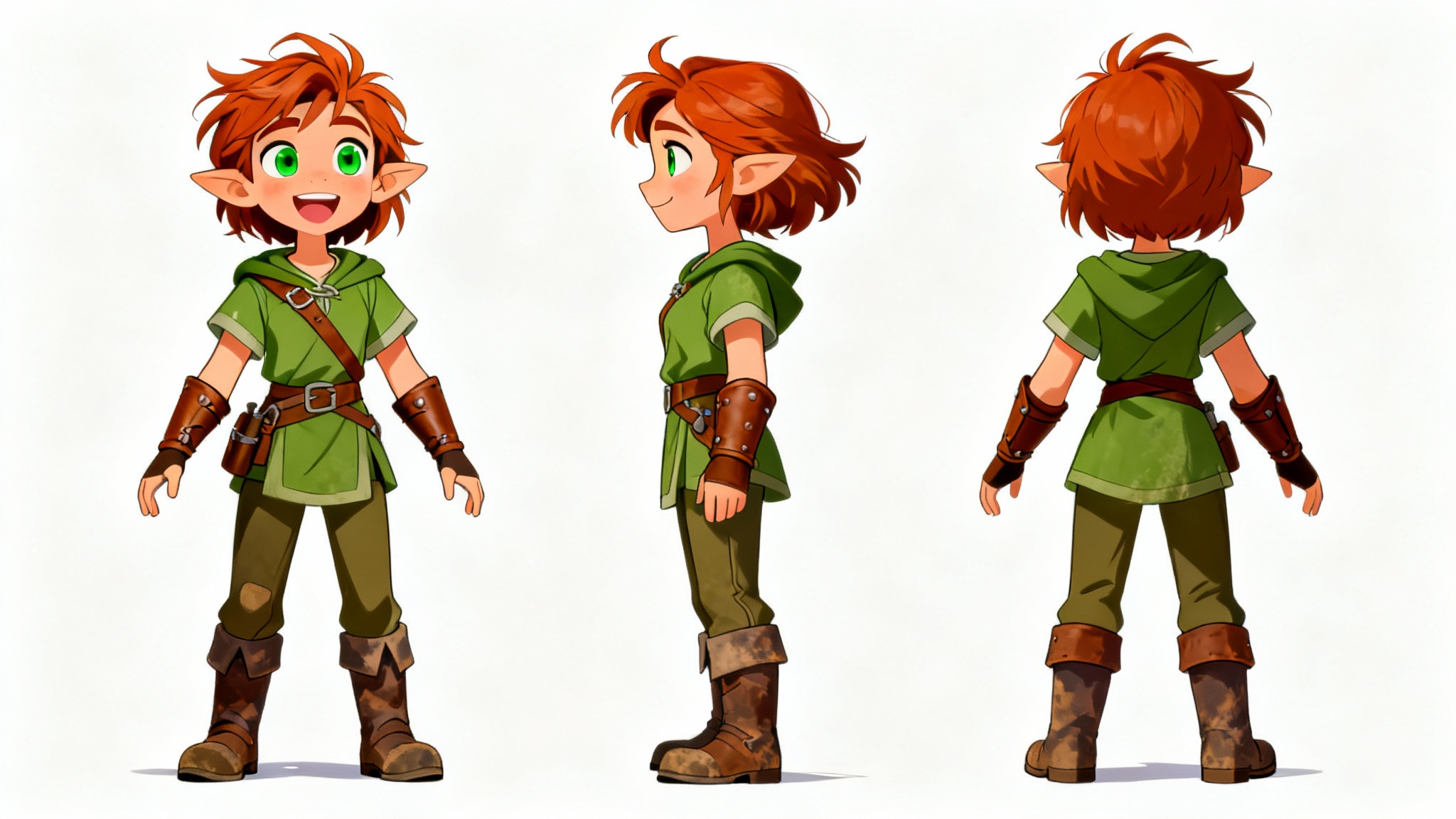 A character turnaround sheet showing a female fantasy adventurer from the front, side, and back. The art is a clean digital painting on a white background.