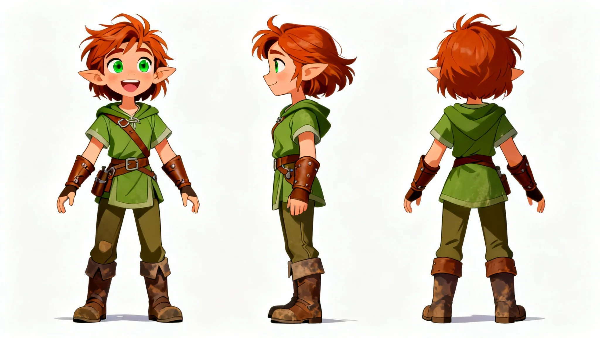 A character turnaround sheet showing a female fantasy adventurer from the front, side, and back. The art is a clean digital painting on a white background.