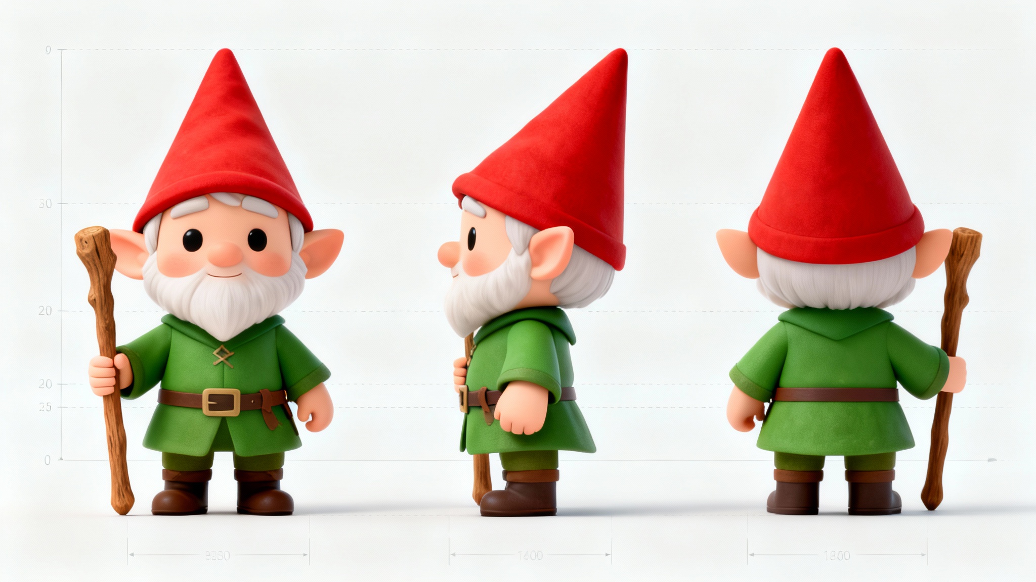 A character turnaround sheet for a cute gnome adventurer, showing the front, side, and back views against a white background, in a clean digital art style.