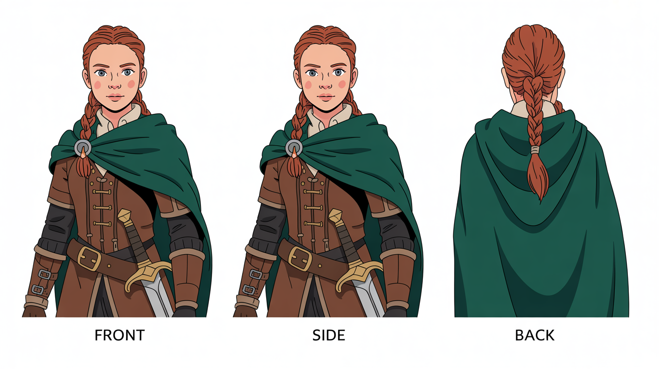A concept art character turnaround sheet showing a female fantasy adventurer from the front, side, and back views against a white background.