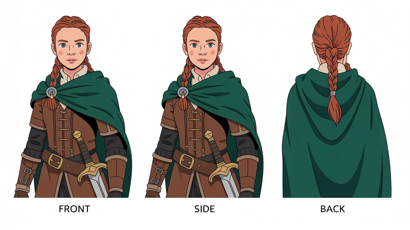 A concept art character turnaround sheet showing a female fantasy adventurer from the front, side, and back views against a white background.