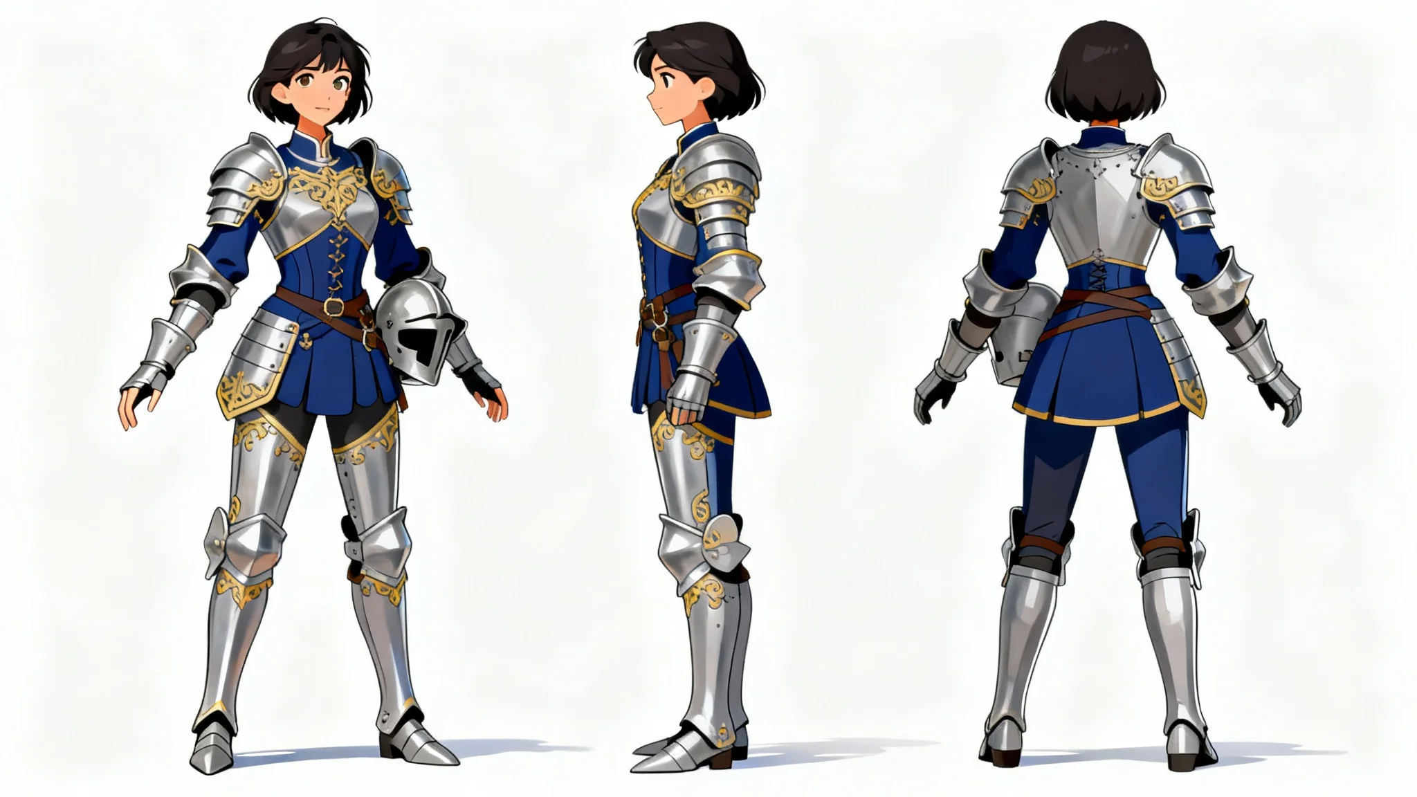 A character turnaround sheet mockup of a female knight in ornate silver armor, showing the front, side, and back views of the character in a digital painting style against a white background.