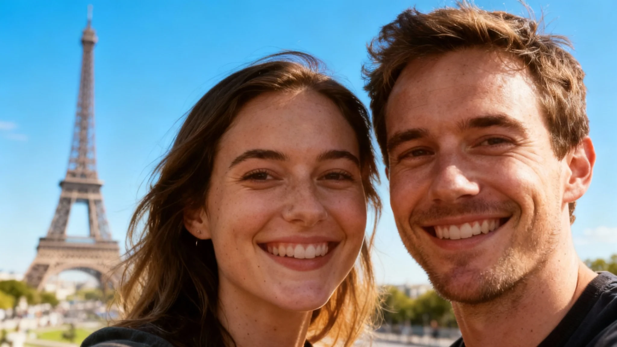 A flawlessly edited photo of a smiling couple in a selfie, whose original sunset background has been changed to a beautiful daytime scene of the Eiffel Tower in Paris.