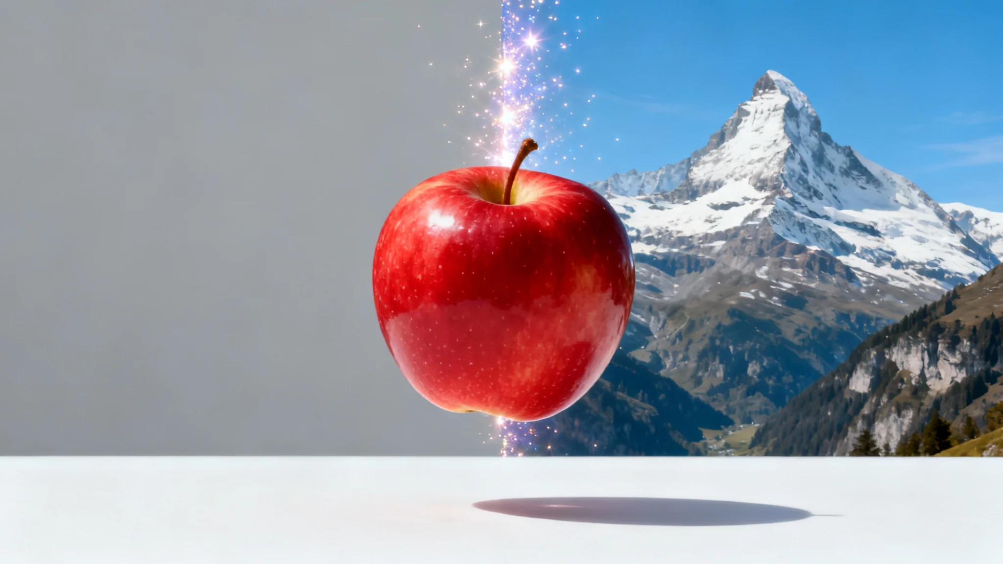 A red apple floating in front of a split background, with one side being a plain gray wall and the other a scenic mountain landscape, demonstrating a background changing effect.