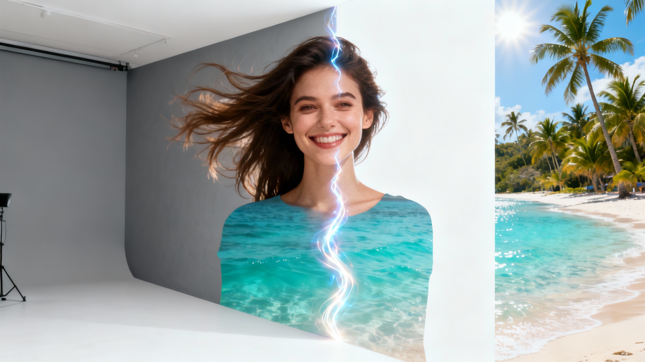 A woman smiles as the plain grey background behind her is magically transformed into a vibrant tropical beach, demonstrating a background changer effect.